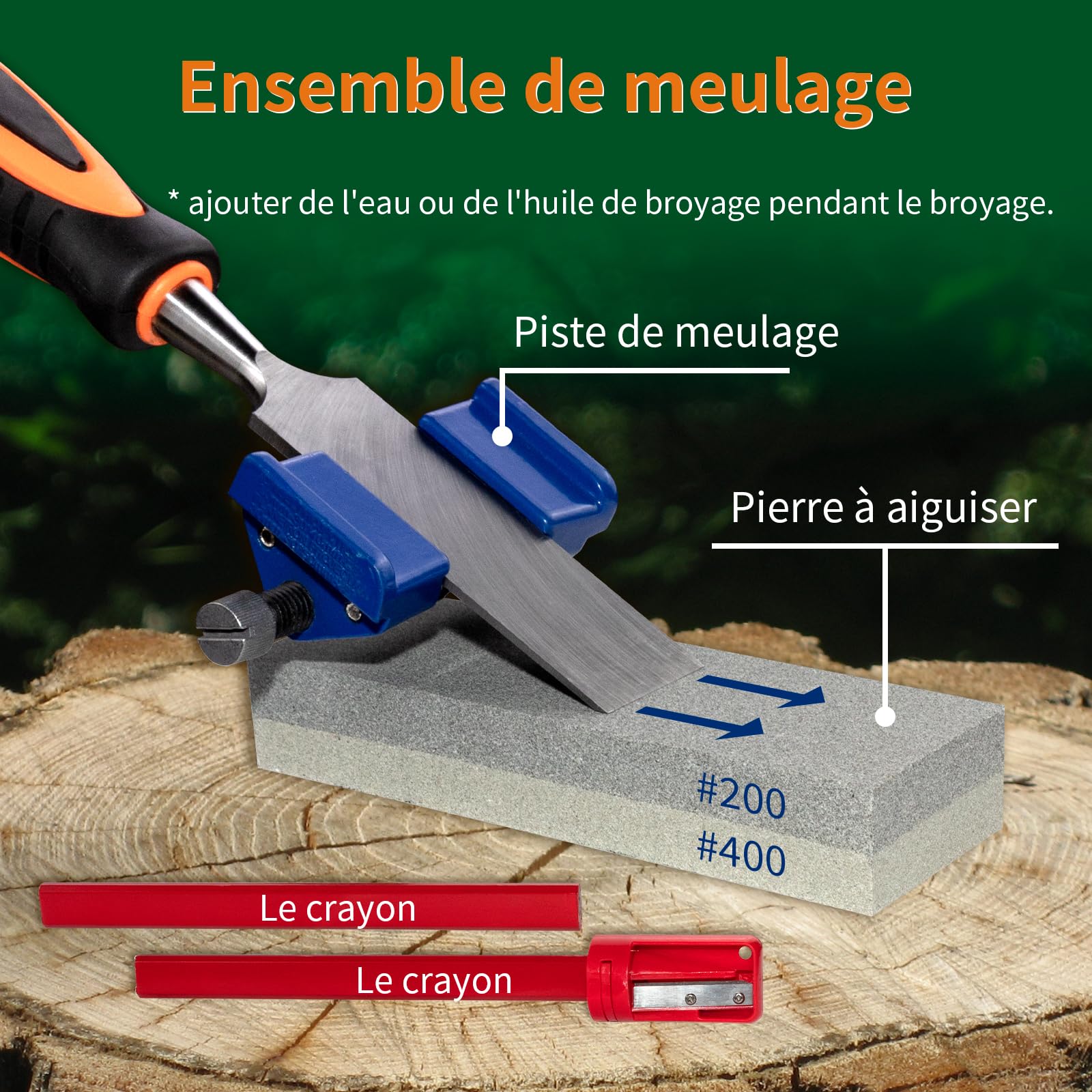 Lot de 13 ciseaux à bois avec 8 burins, guide d'affûtage, pierre à aiguiser, lames en alliage Cr-V