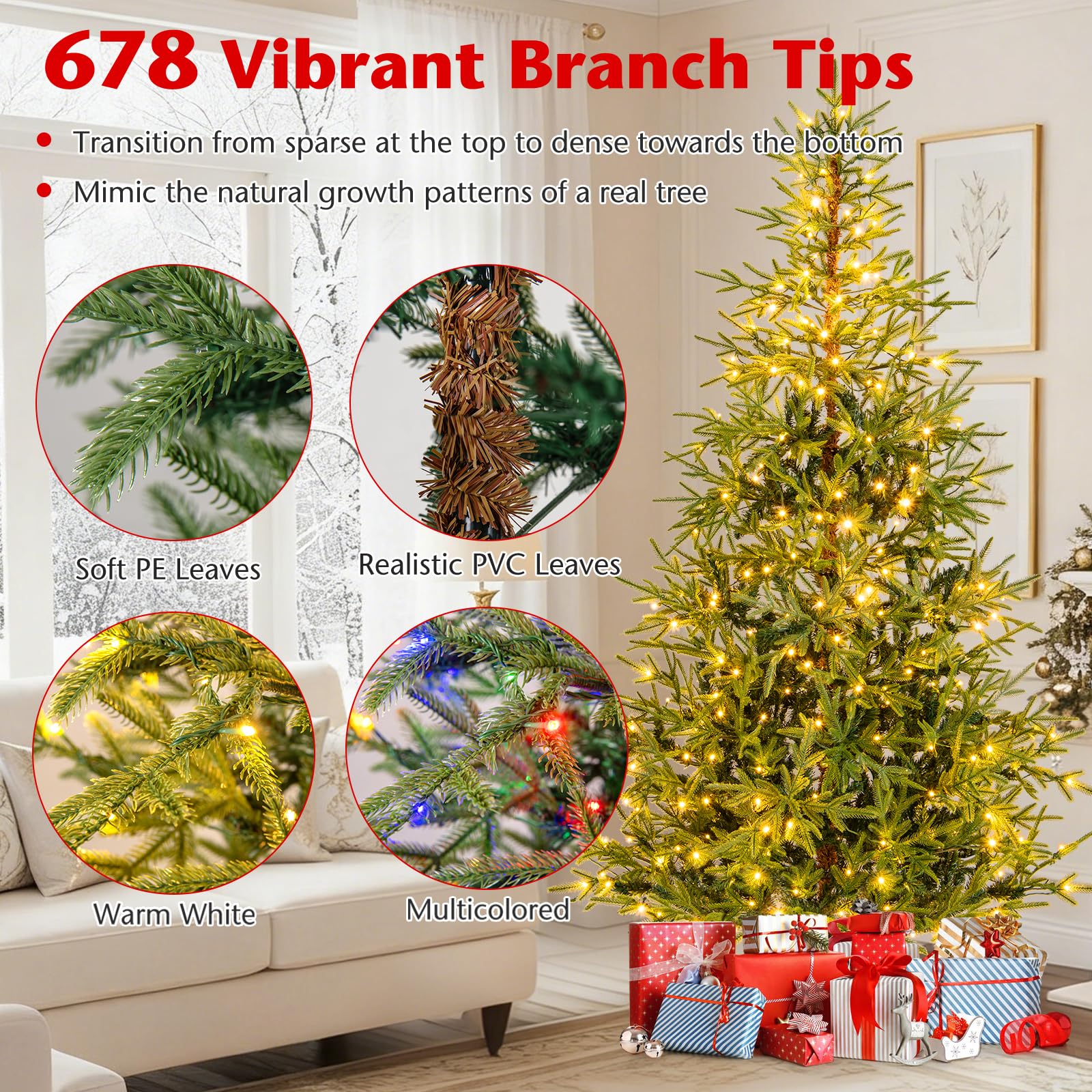 KOMFOTTEU Künstlicher Weihnachtsbaum mit 250/300 Lichtern, Tannenbaum mit 11 Beleuchtungsmodi, Christbaum mit Metallständer, für Haus, Geschäfte, Büro (210 cm)