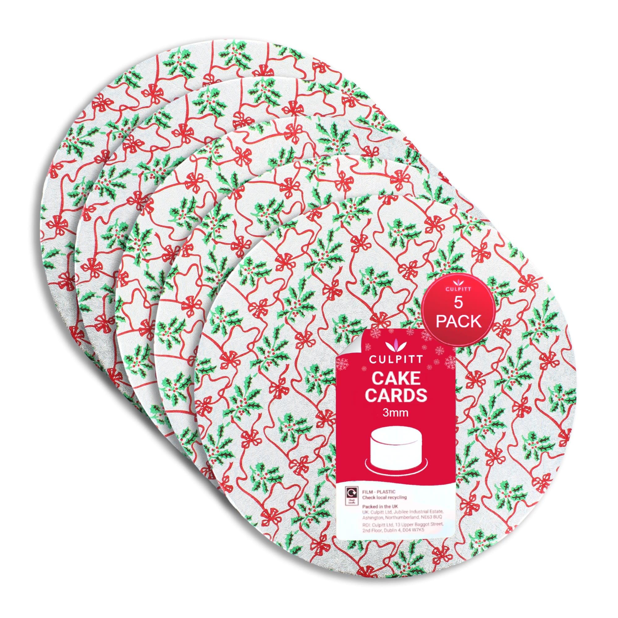 Culpitt Christmas Cake Boards | 10" Silver & Red Bow Cake Cards, 3mm Thick Round Card Plates For Presenting & Displaying Festive Bakes and Desserts - 5 Pack