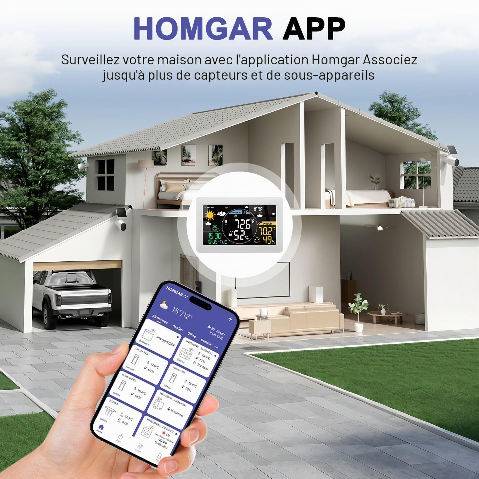 4 in 1 Station Météo Intérieur Extérieur Sans Fil - Station'meteo avec App Tuya et Smartlife Connectée WIFI avec 24h Prévisions Météo/Calendrier/Réveil/Réglage Automatique de la Luminosité