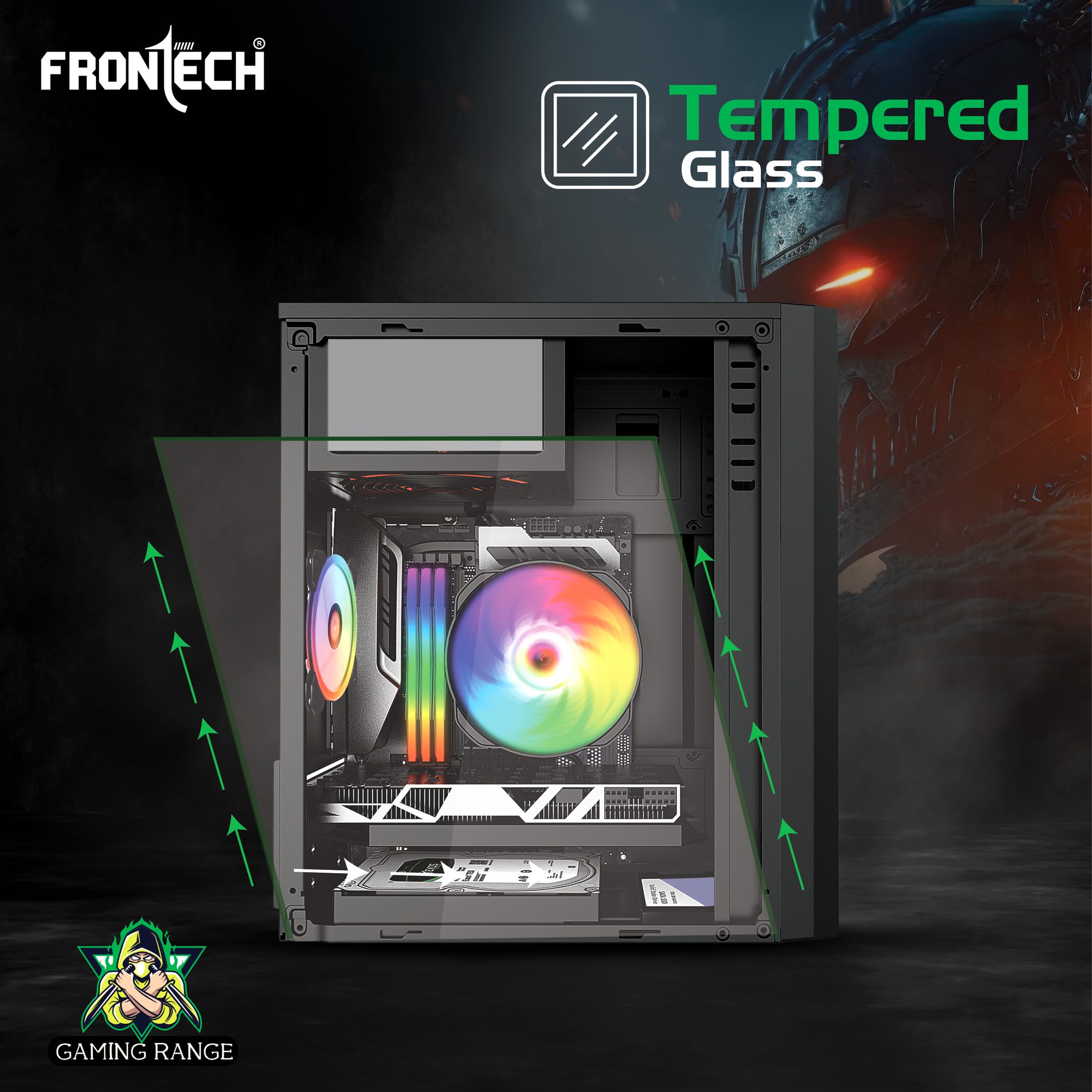 FRONTECH Gaming Computer Cabinet/Gaming Computer Case Warrior with 1 x 80 mm LED Fan and Acrylic Side Glass Panel, 2XUSB 1.0, 1XUSB 3.0, Front Audio (FT-4345) — Amazon image 4
