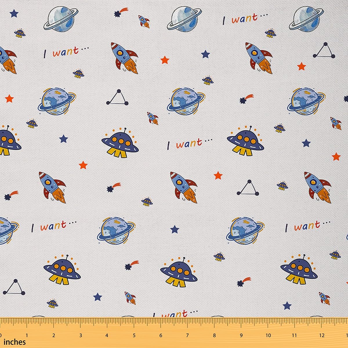 Homemissing Rocket Planet Stars Printed Fabric by The Yard 3 Yards (L276*W150cm) for Kids Boys Girls Teens Universe Upholstery Fabric Cartoon Spacecraft Outdoor Reupholstery Fabric