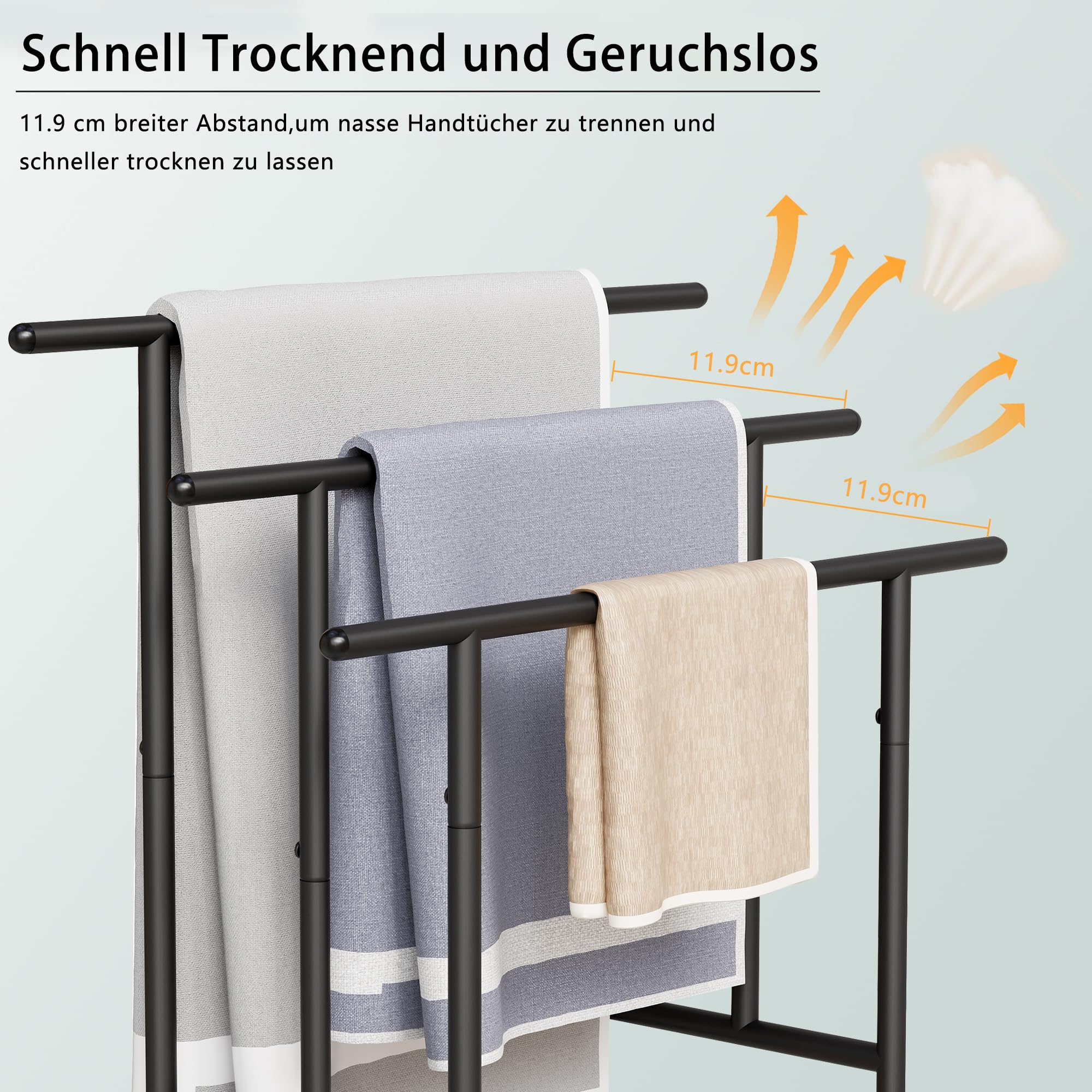 BEWISHOME Handtuchständer,Handtuchhalter stehend mit 3 Handtuchstangen,Handtuchleiter,Badetuchhalter mit Ablagen und verstellbaren Füßen,für Badetücher Handtücher Decken,Schwarz EJMJ02B
