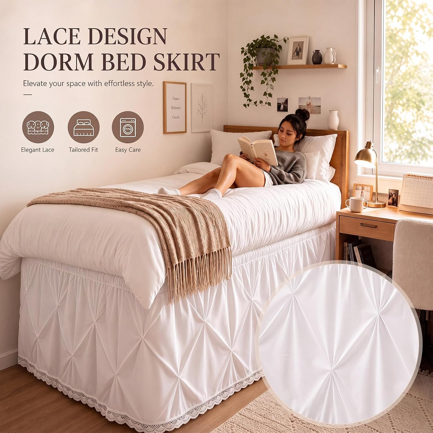Dorm Bed Skirt Twin XL 36 Inch Drop Boho Lace Bedskirt with Adjustable Belts Easy to Put on Elastic Wrap Around Dust Ruffle Machine Washable, White