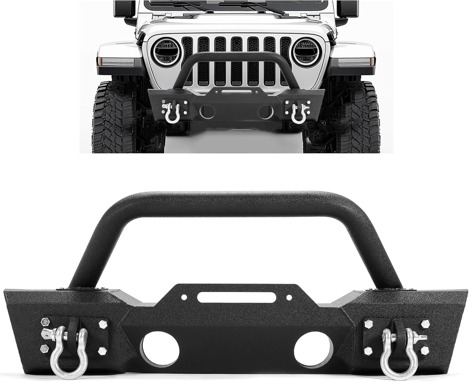 ECOTRIC Stubby Front Bumper Compatible With 2007-2024 Jeep Wrangler JK JL Gladiator JT W/Fog Light Housing & D-rings Steel Powder Coated Black
