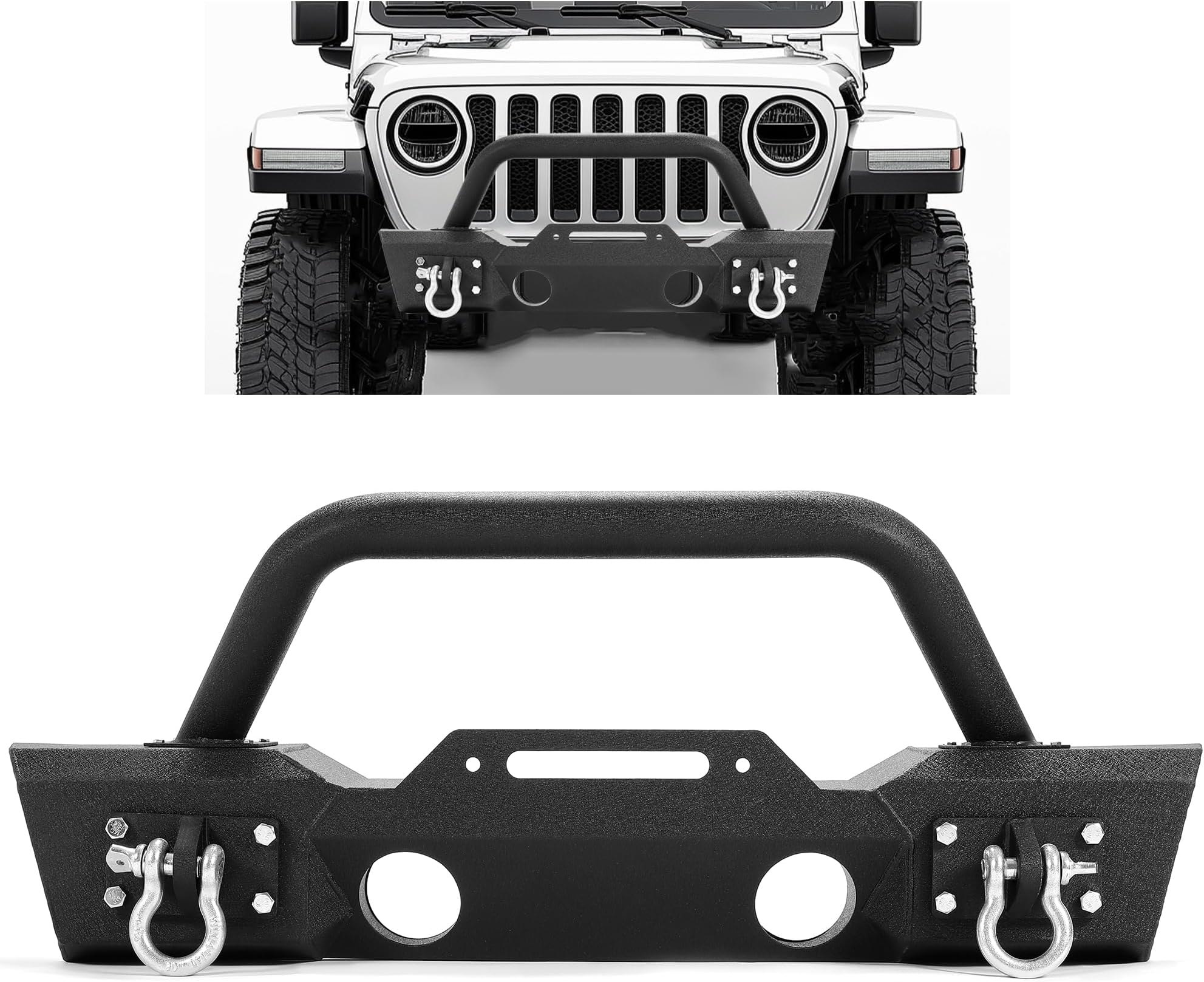 ECOTRIC Stubby Front Bumper Compatible With 2007-2024 Jeep Wrangler JK JL Gladiator JT W/Fog Light Housing & D-rings Steel Powder Coated Black