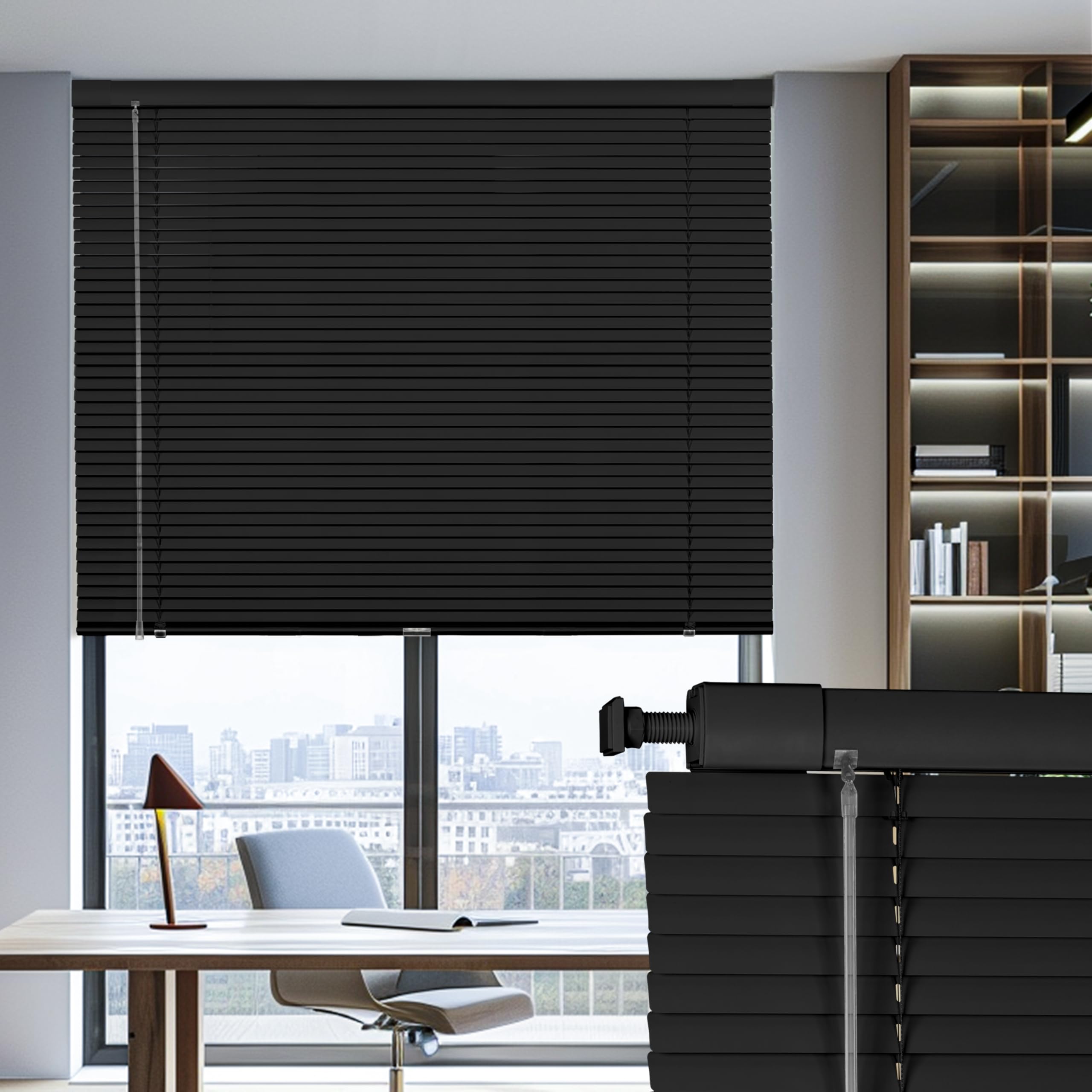 Boolegon No Drill No Tool Cordless Room Darkening Shade 1 Inch Aluminium Horizontal Mini Blinds Custom Size for Window, Office, Black, 62