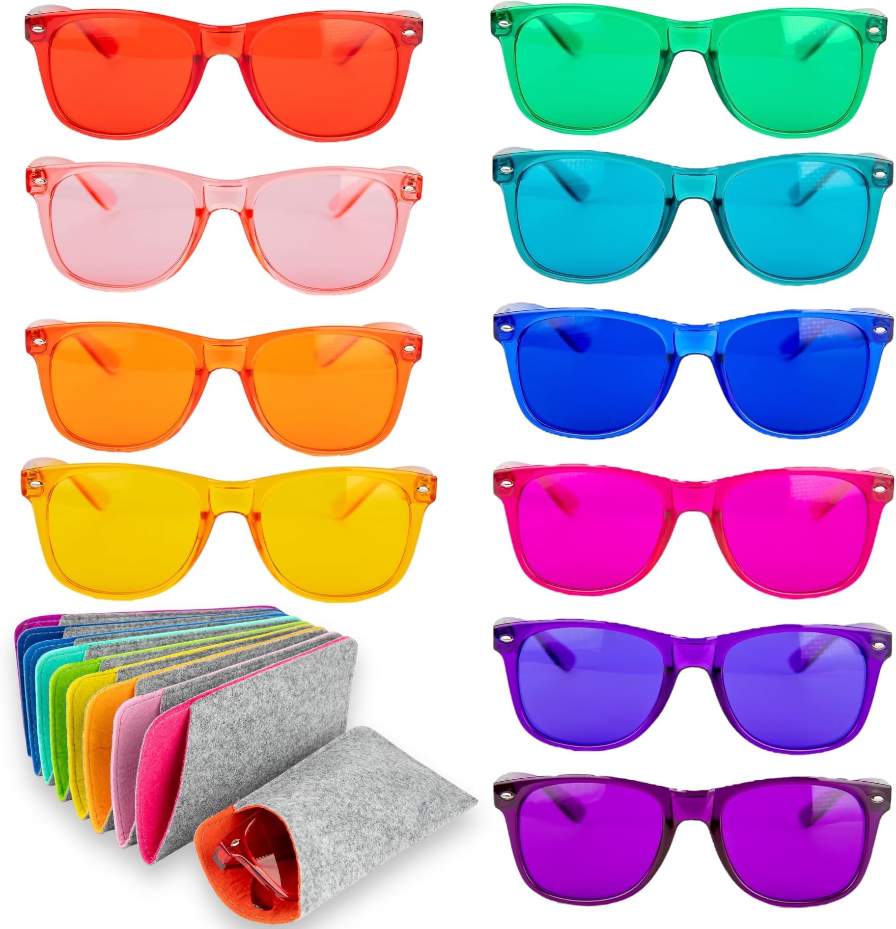 10-Pack of Color Therapy Glasses with Matching Cases - Healing Colored Chromotherapy Chakra Light Therapy Glasses Eyewear to Support Mood, Relaxation, Focus & More - Colorful Sunglasses