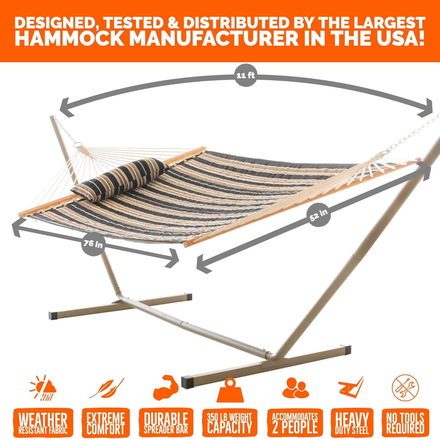 Castaway Living Large 2-Person Quilted Hammock with Stand & Pillow – Beige & Black Stripe, 10 ft. L x 52 in. W, 350 lb Capacity, Weather-Resistant Polyester, Portable Space-Saving Frame