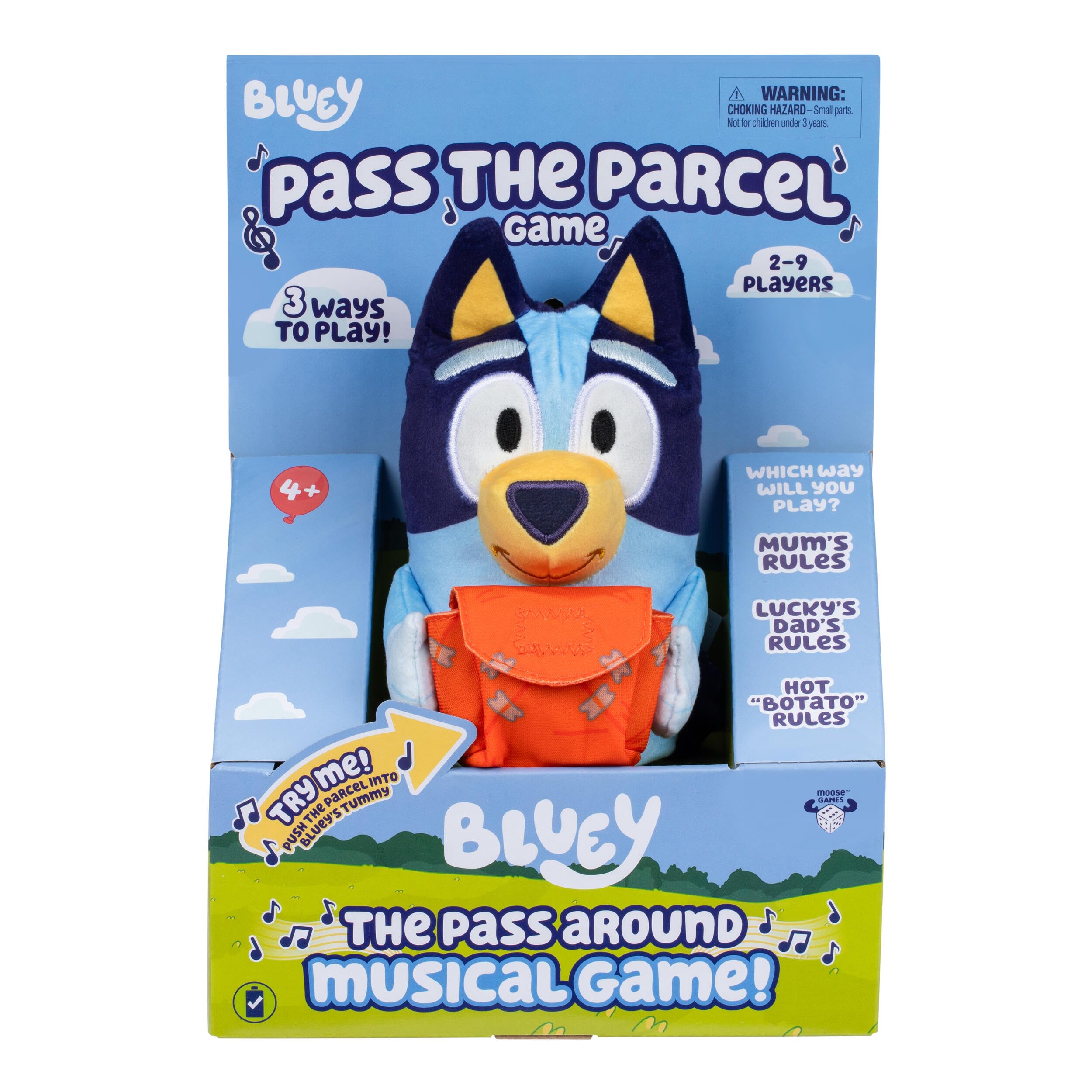 Bluey Pass the Parcel Musical Game, Soft Huggable 8" (20 cm) Bluey Plush. Three Interactive Games to Play