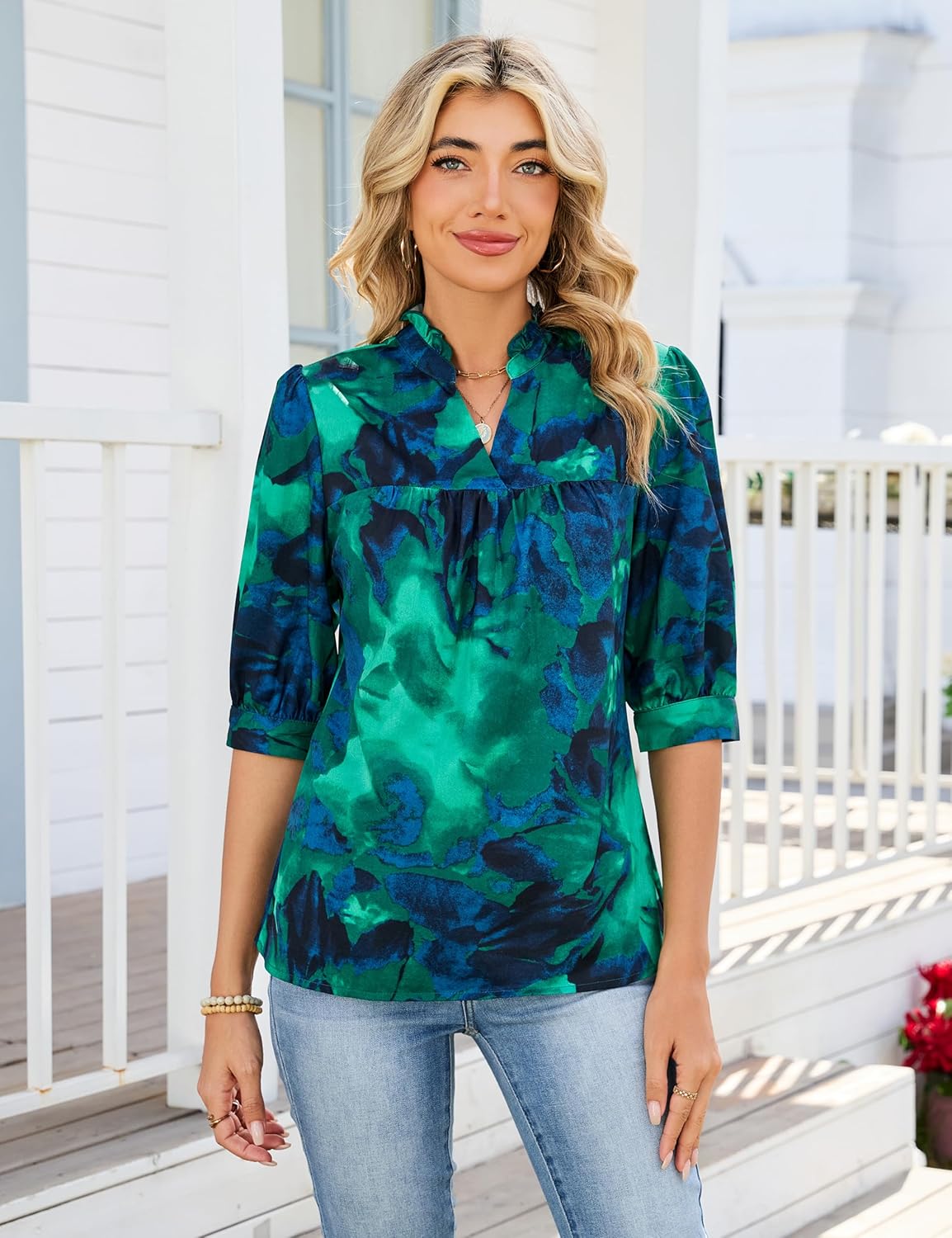 Blooming Jelly Women's Dressy Casual Blouses Summer Spring Floral Work Tops V Neck Short Sleeve Shirts Outfits - Image 2