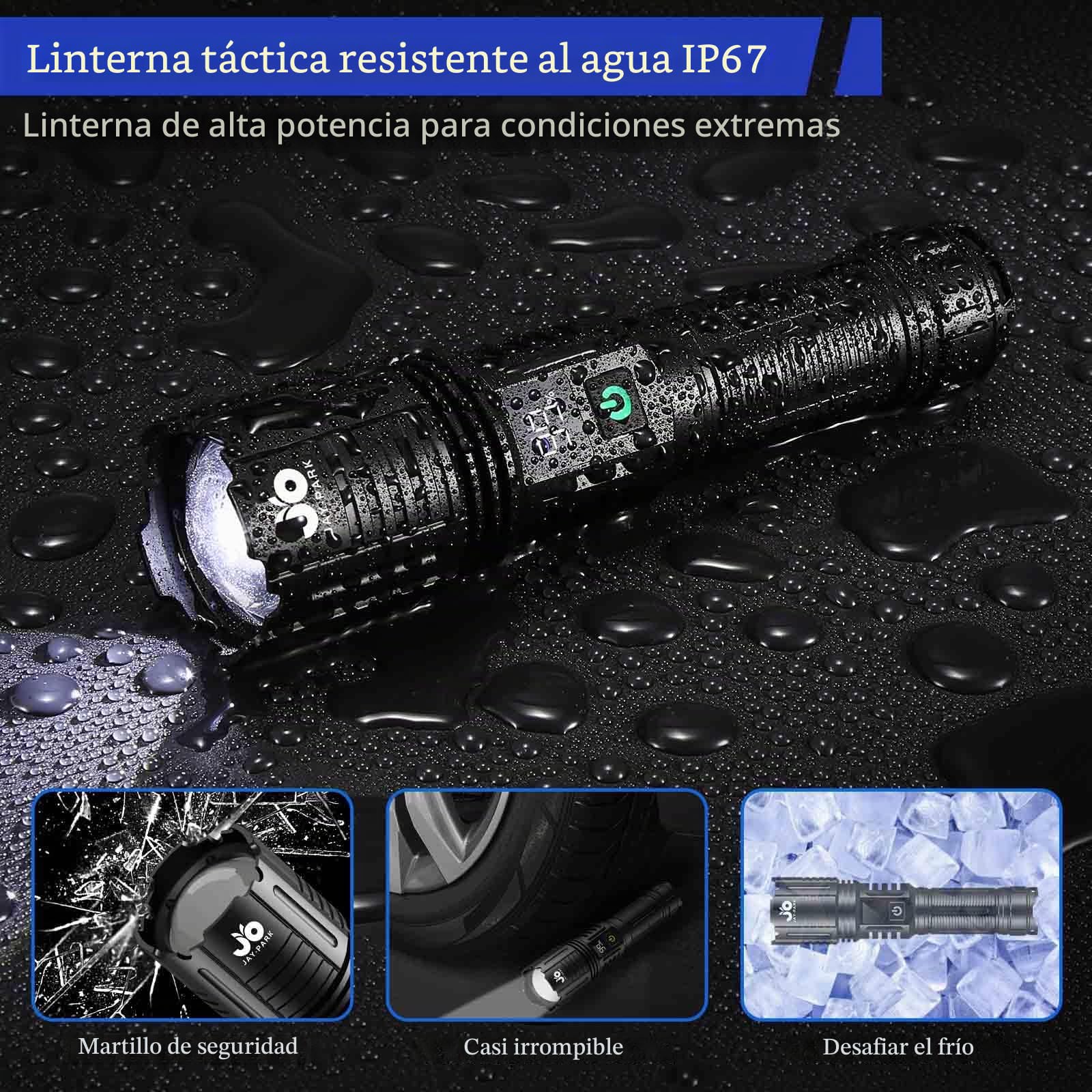 JAY-PARK Linternas LED Alta Potencia 1000000 Lumen, Linterna Recargable con Batería 5000 mAh, Linterna Potente 5 Modos, Zoomable, IPX7 Impermeable, Linerna Tactica Para Camping Senderismo Emergencias