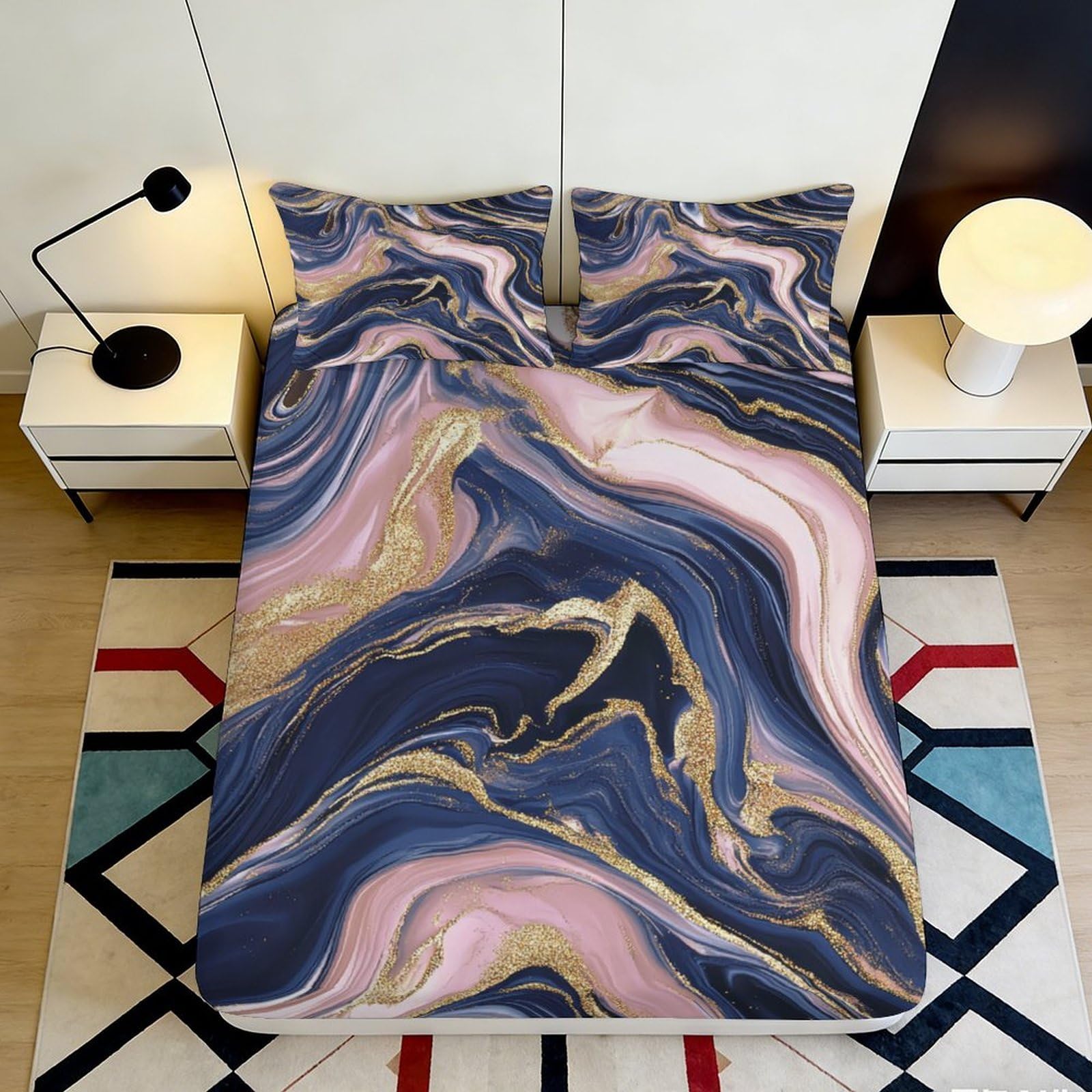 3D Printed Marble Gold Swirl Fitted Sheet Microfiber Soft Pink Navy Abstract Mattress Cover for Bedroom Dorm Decor 180x200x25cm
