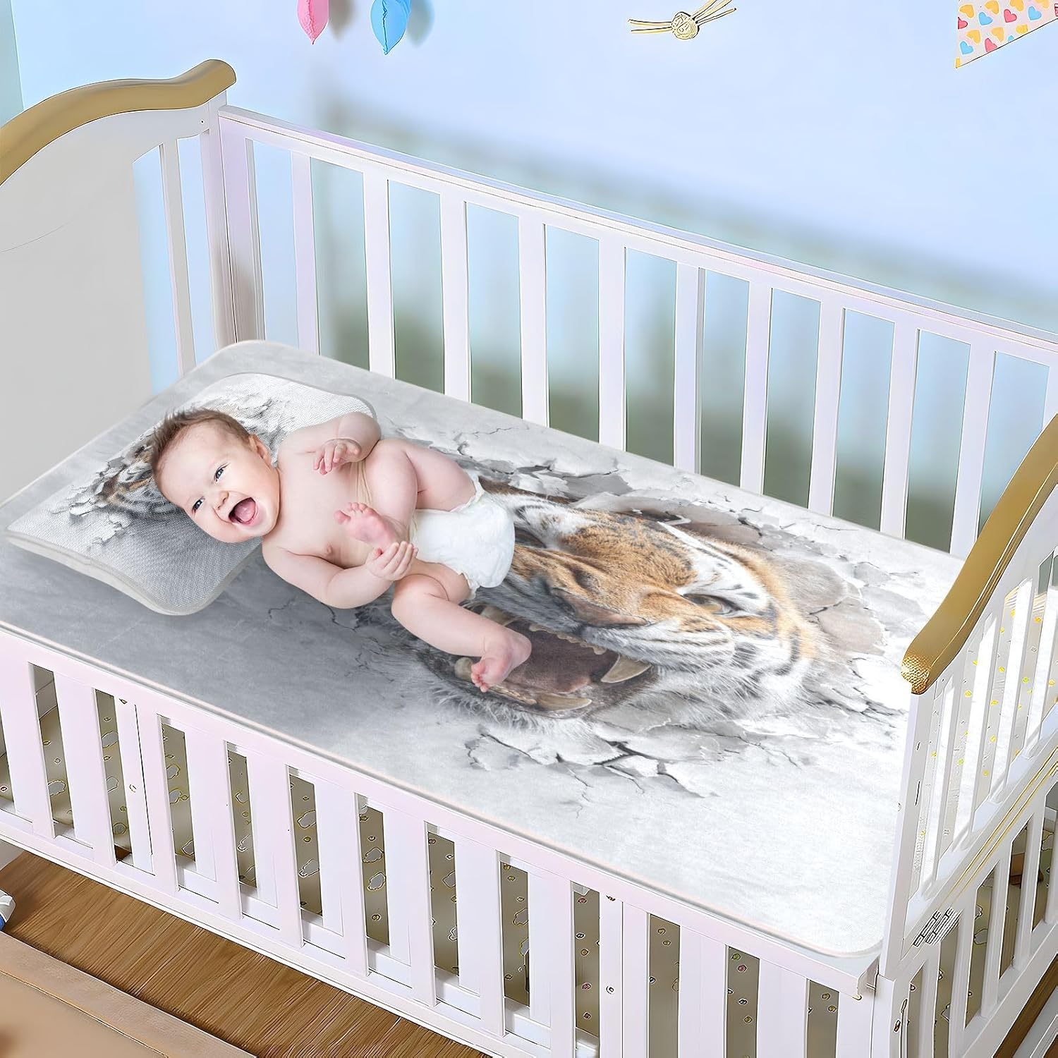 Cooling Baby Bassinet Mattress 28" x 52" Breathable Angry Tigers 3D Style Wall Art Bed Pads for Baby&Toddler
