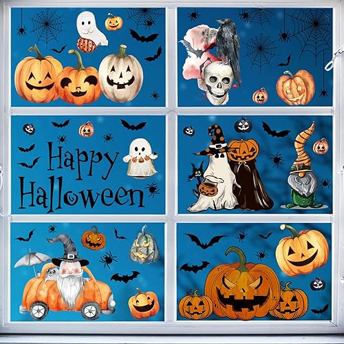 Miniatura 6 de 102 calcomanías de Halloween para ventana, diseño de calabaza, murciélago, telaraña, calavera, gnomo, para otoño, reutilizables, para ventana de