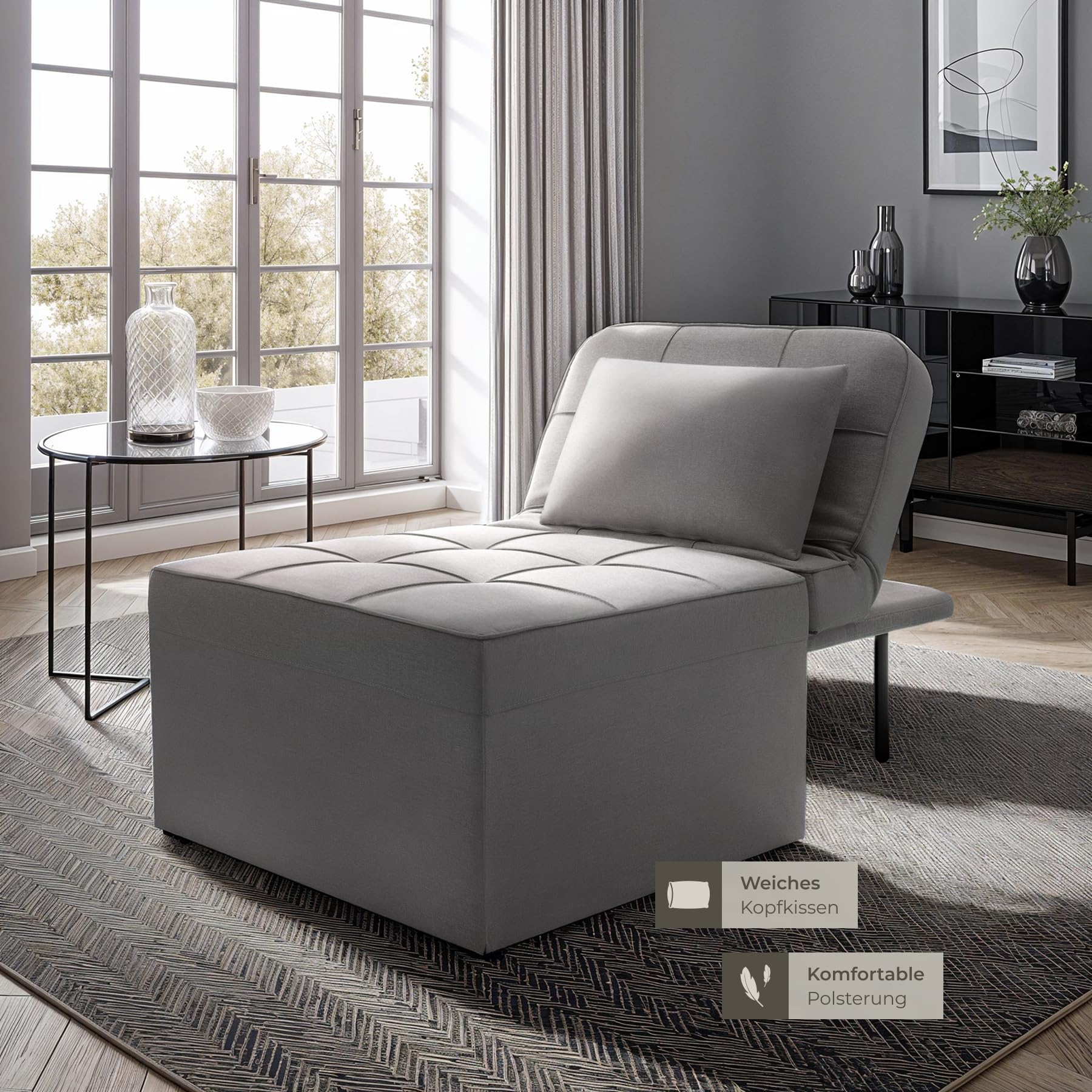 tectake® 4 in 1 gemütlicher Hocker mit Schlaffunktion, Sofa, Sessel oder Lounger, 6-Fach klappbar, als Couch, modulares Schlafsofa oder Lesesessel, für Schlafzimmer, Jugendzimmer, Wohnzimmer - grau