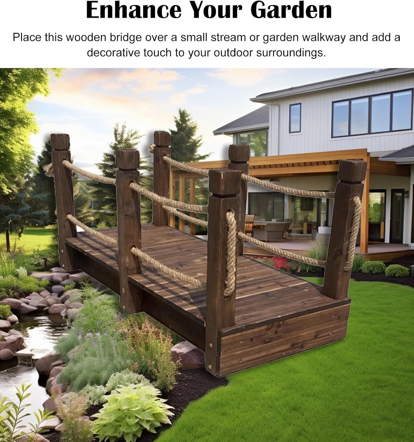 Wooden Backyard Bridge Decorative Garden Bridge with Jute Rope Rails, Solid Wood Pond Bridge Rustic Garden Ornament, Backyards Streams Creek Wooden Footbridge