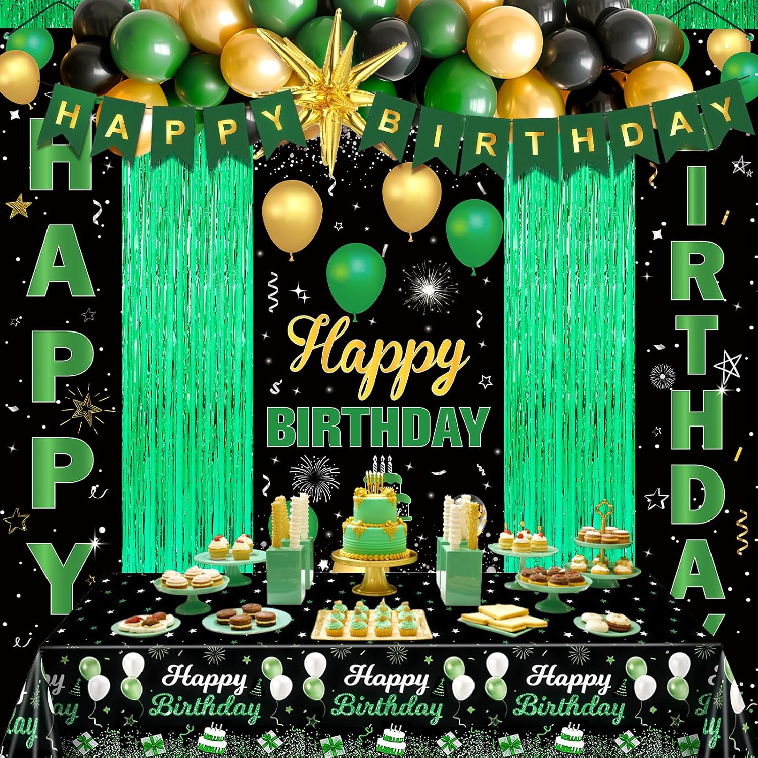 Green Birthday Decorations for Men Women, Green and Black Happy Birthday Decorations, Happy Birthday Banner Balloons Tablecover Fringe Curtain Porch Door Banner for Boys Girls Bday Party Supplies
