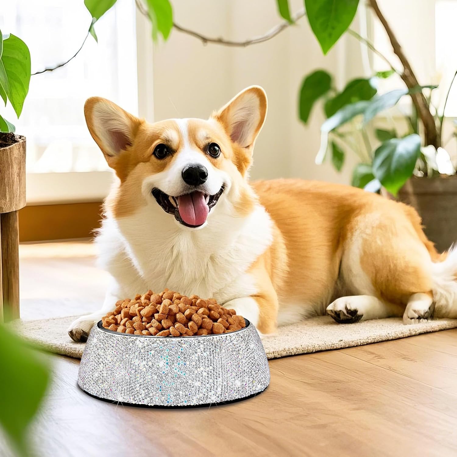 SlowVibes Bling Stainless Steel Dog Bowls,12oz Detachable Rhinestone Metal Food Water Bowl for Feeding Dogs Cats,Rust Resistant Non-Slip Puppy Dish,Sparkle Essentials for Small Medium Large Girl Pets