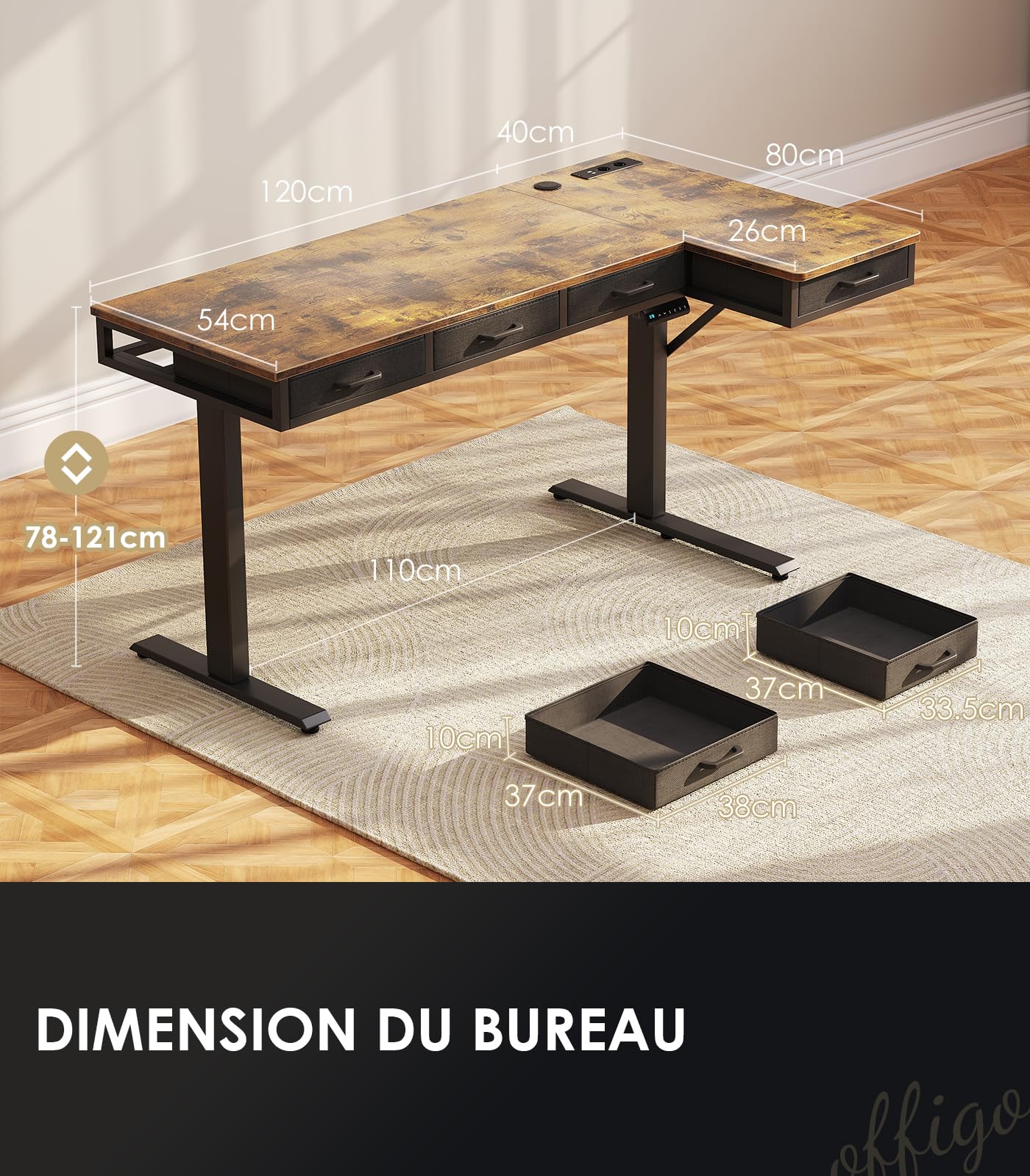 OffiGo Bureau Assis Debout Angle, 160x80cm Bureau Electrique avec 4 Tiroirs, Grand Table d'angle avec Prise, Standing Desk Réglable en Hauteur avec Rangement pour la Maison, Brun Rustique