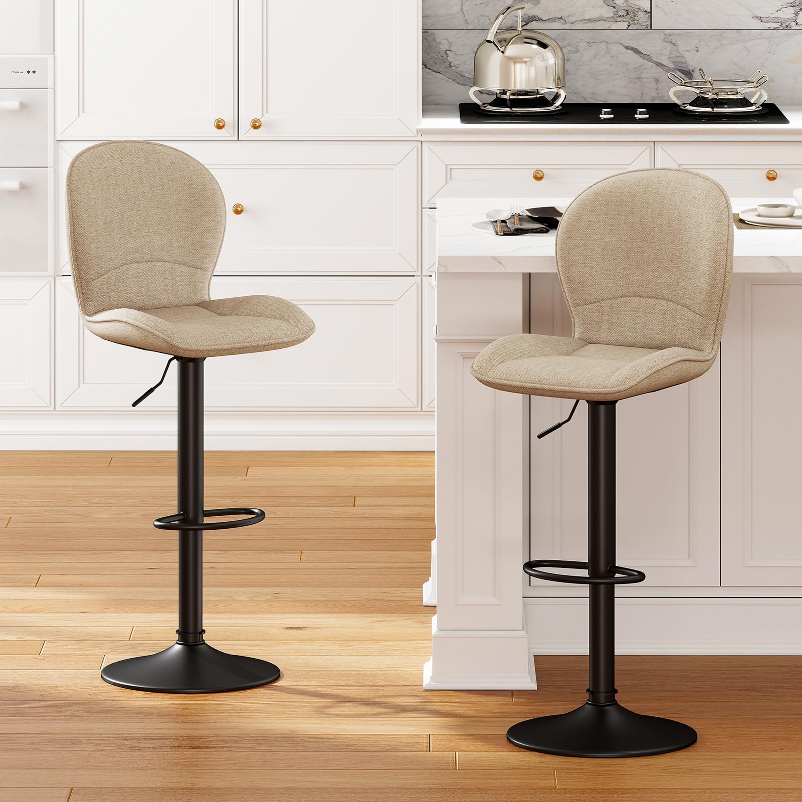 LEWE Taburetes Altos de Cocina Bar, Regulables Giratorios, Pack 2-Caqui | Sillas Altas de Cocina, Respaldo de Tela, Reposapiés Metálico, Escandinavo Moderno, para Isla de Cocina, Bar, Comedor