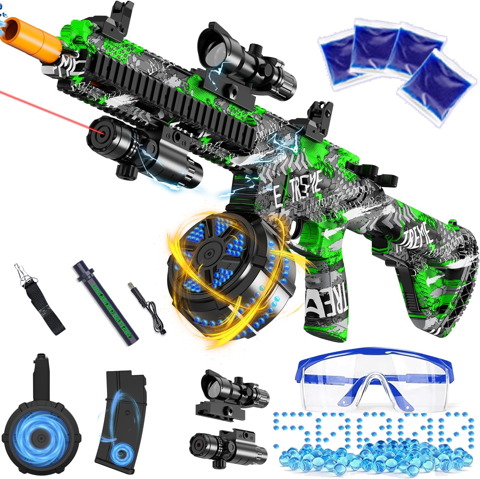 Electric Gel Ball Blaster, High Speed Automatic Splatter Ball Blaster with 50000+ and Goggles, Rechargeable Splatter Ball Toys for Outdoor Activities Game Party-Green
