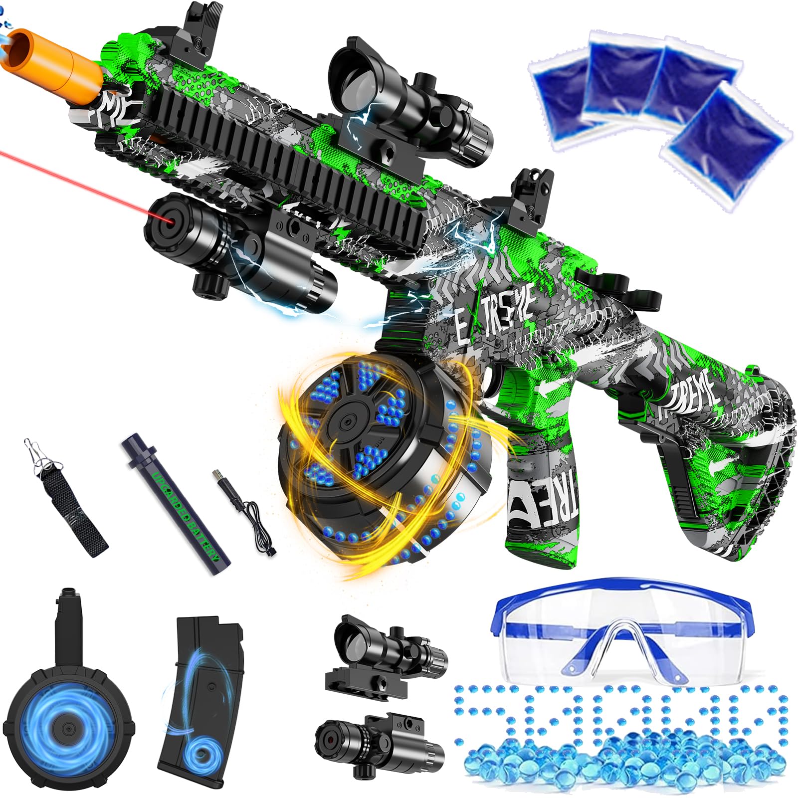 Electric Gel Ball Blaster, High Speed Automatic Splatter Ball Blaster with 50000+ and Goggles, Rechargeable Splatter Ball Toys for Outdoor Activities Game Party-Green