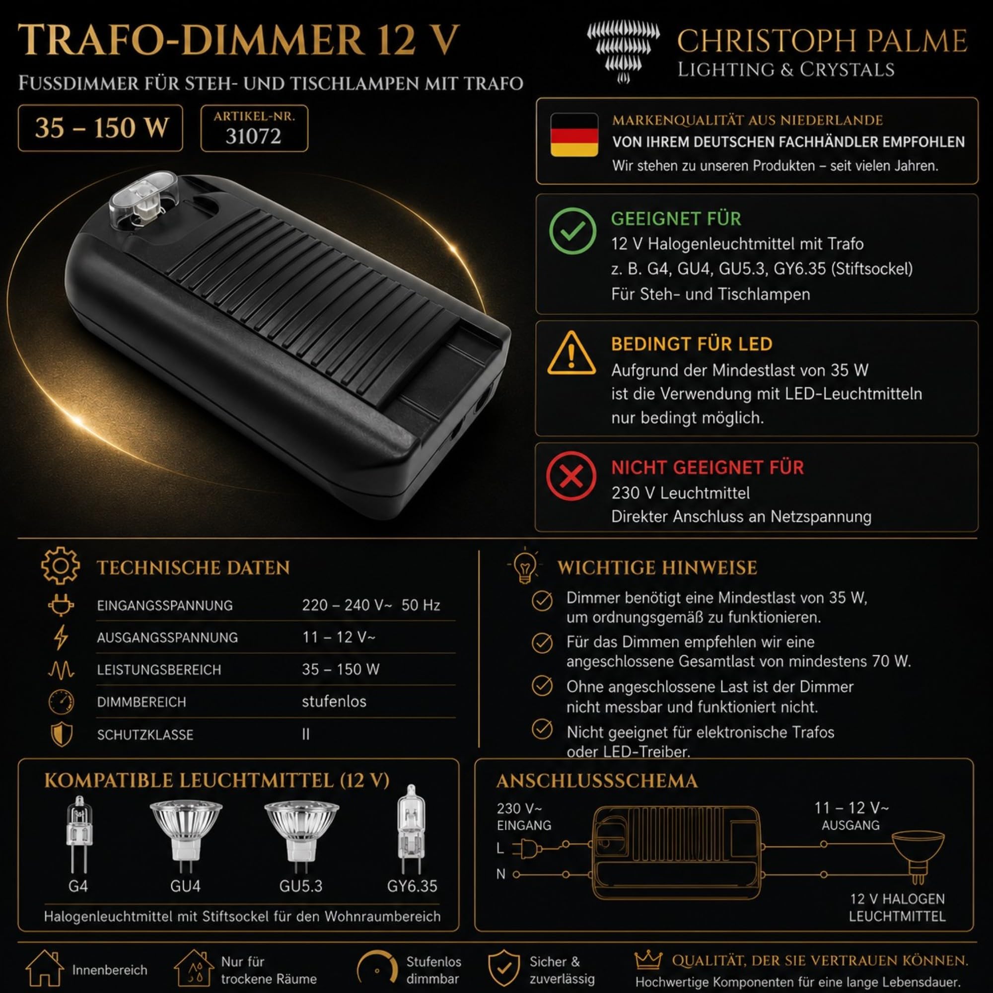 Dimmer für Stehlampen 12V mit Trafo 35–150W Fuß Schnurdimmer schwarz Trafodimmer Schnurdimmer