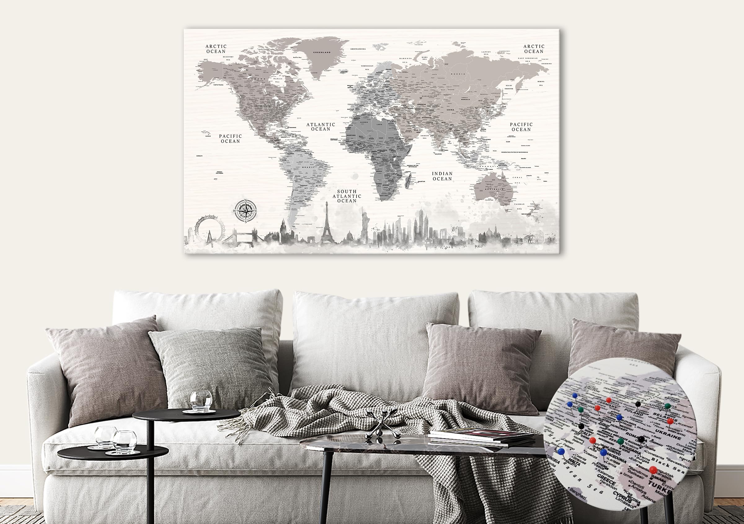 Mapa de Monumentos del Mundo - Lienzo de mapa de viaje de 39 x 23 pulgadas - Mapa del mundo detallado con pines - Mapa de pared canvas art bay - Tablero de destinos de viaje - Mapa listo para colgar