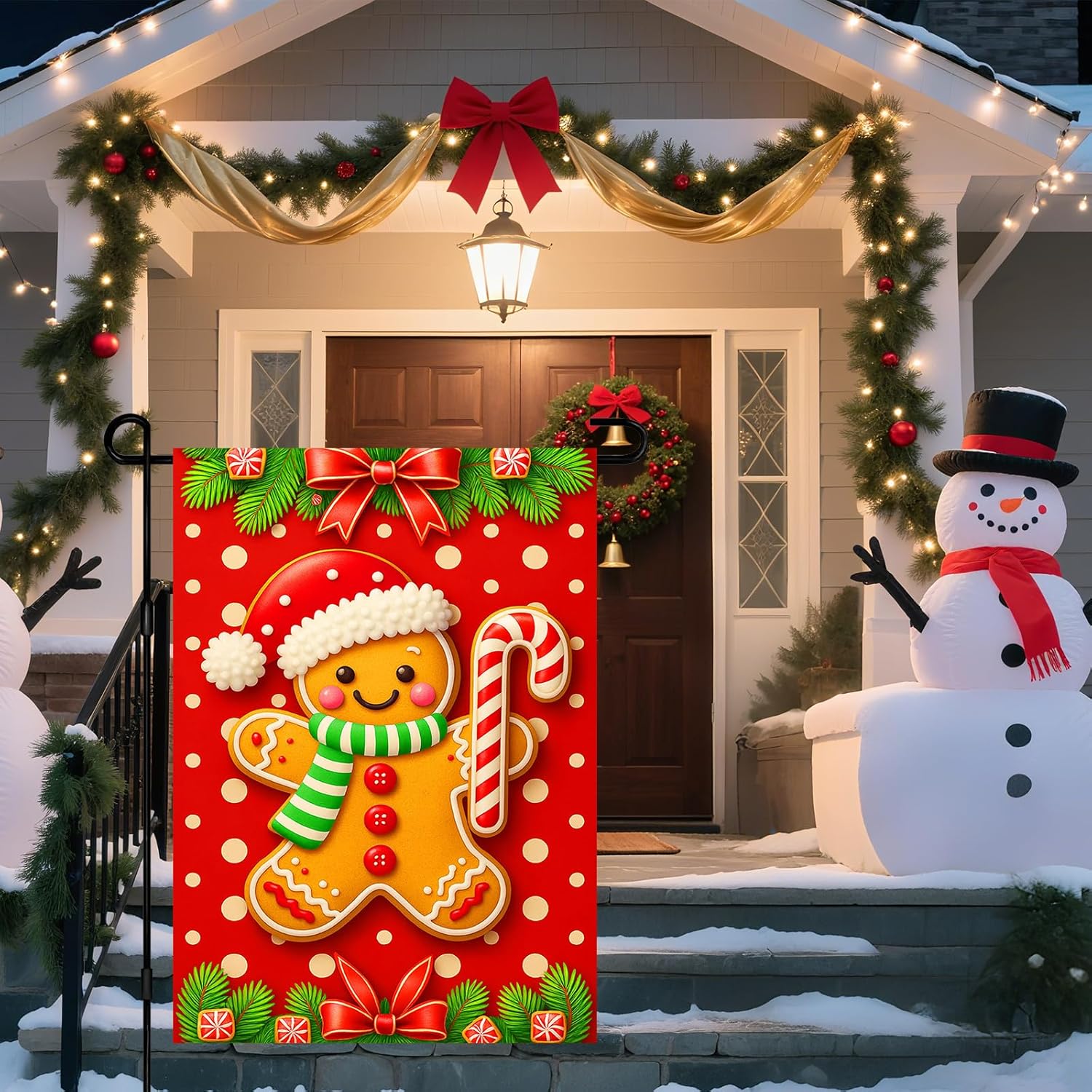 ivn winter christmas garden flag 12x18 inch double sided gingerbread man with candy cane red background outdoor yard flag for home lawn holiday decor christmas gingerbread