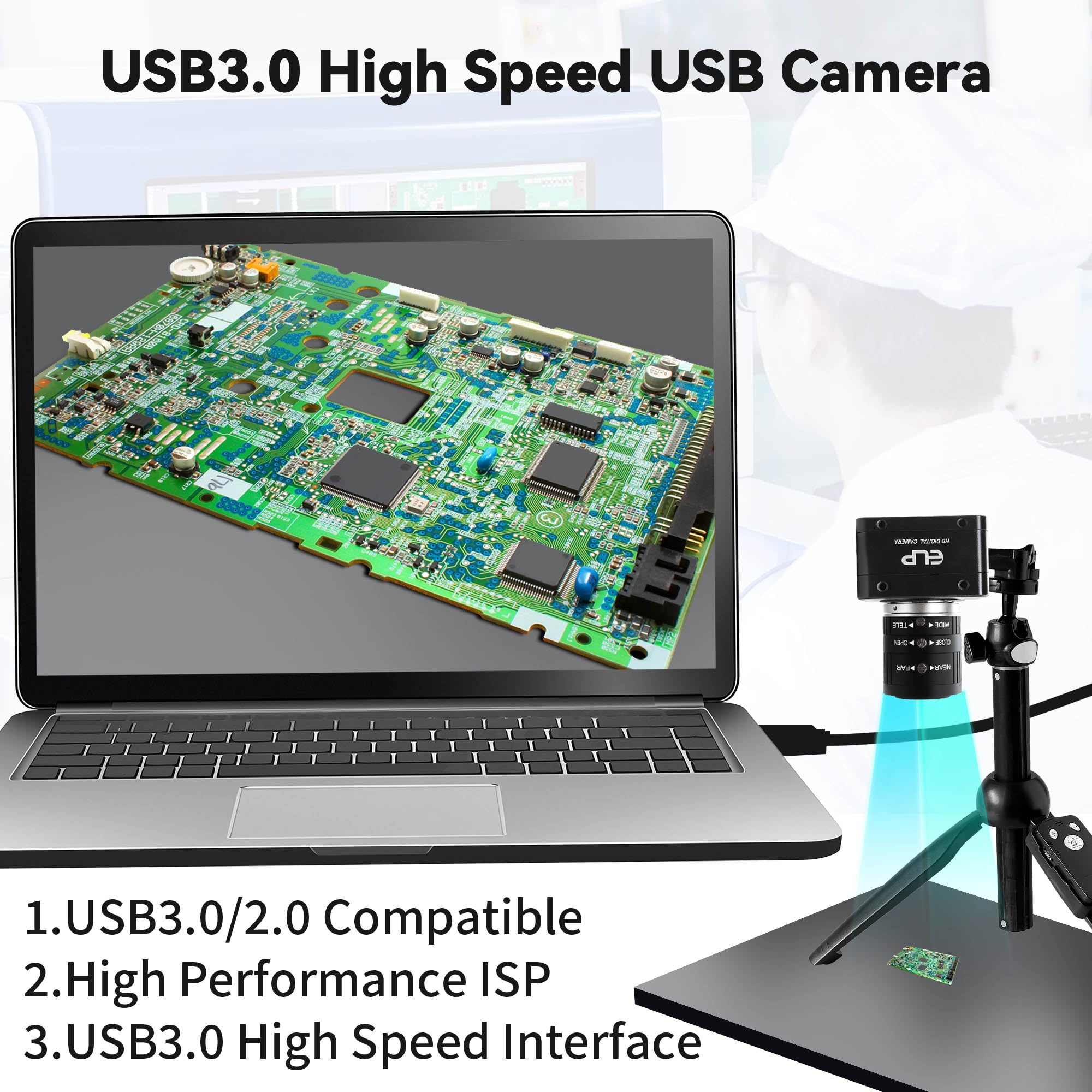 ELP Fotocamera industriale USB 3.0 da 20 MP, 4K UHD 3840P ad alta risoluzione con obiettivo zoom manuale 3x da 3,6-10 mm, frame rate alto 30 fps, webcam Lightburn, compatibile con Windows, Linux, Mac