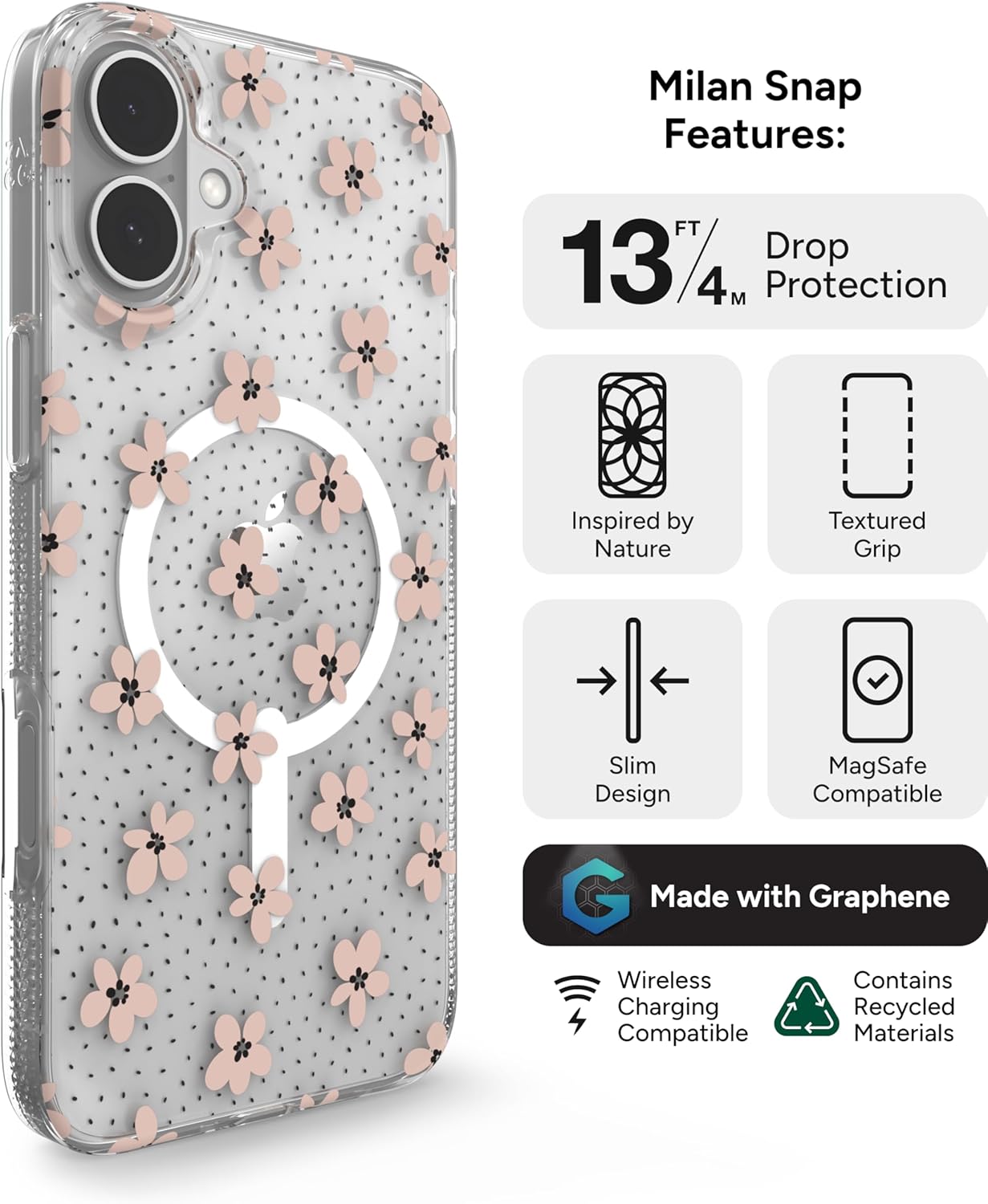 ZAGG Milan Snap Case for iPhone 16 Plus - Floral Design on Clear Base, MagSafe Compatible, 13ft Drop Protection, Eco-Friendly Materials, Graphene Reinforced for Extra Durability, Pink Daisies - Image 3