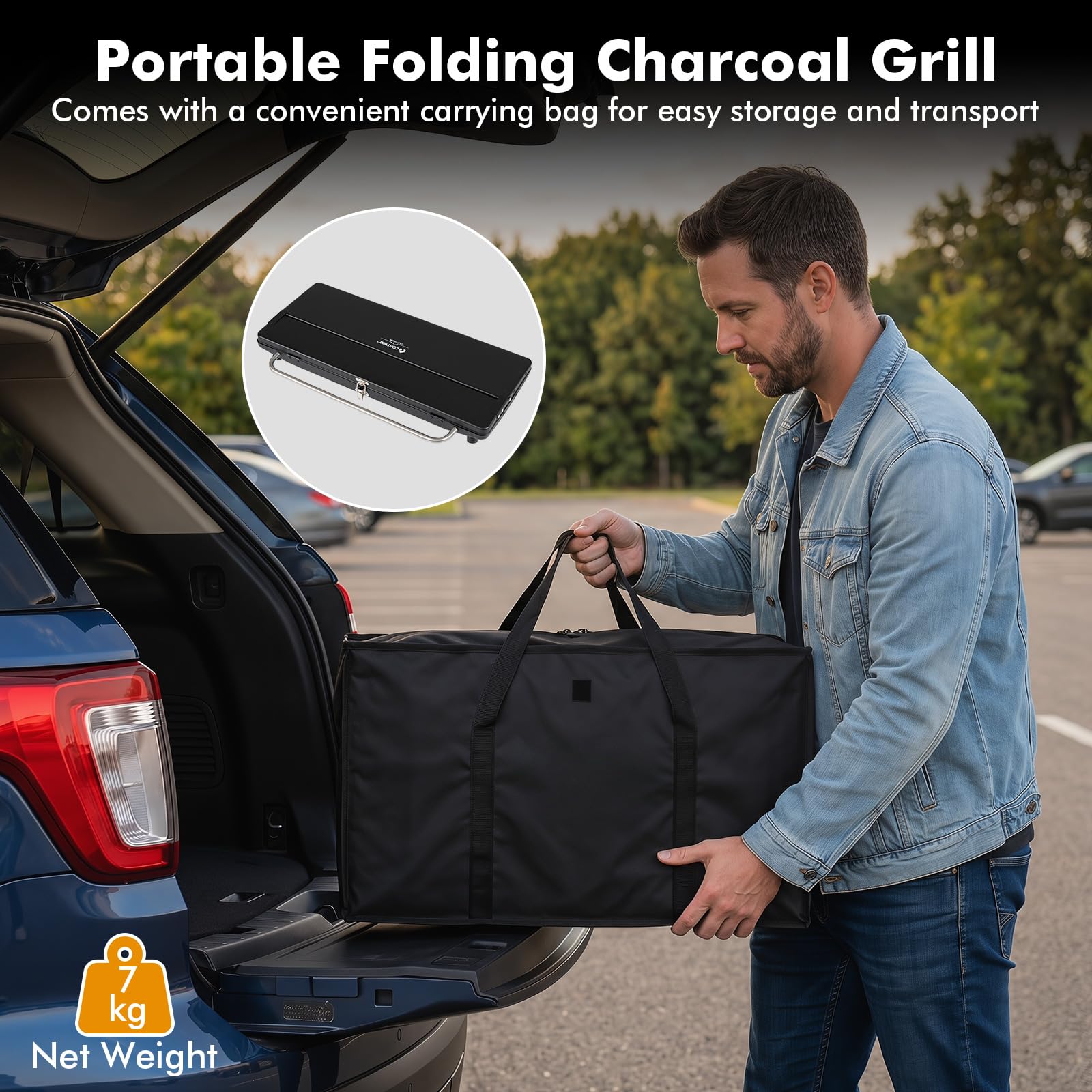COSTWAY Barbecue Carbonella, Barbecue Pieghevole con Griglia Regolabile in Altezza, Paravento Laterali, Gambe Smontabili, Pinza per Carbone e Borsa Portatile per Campeggio e Picnic
