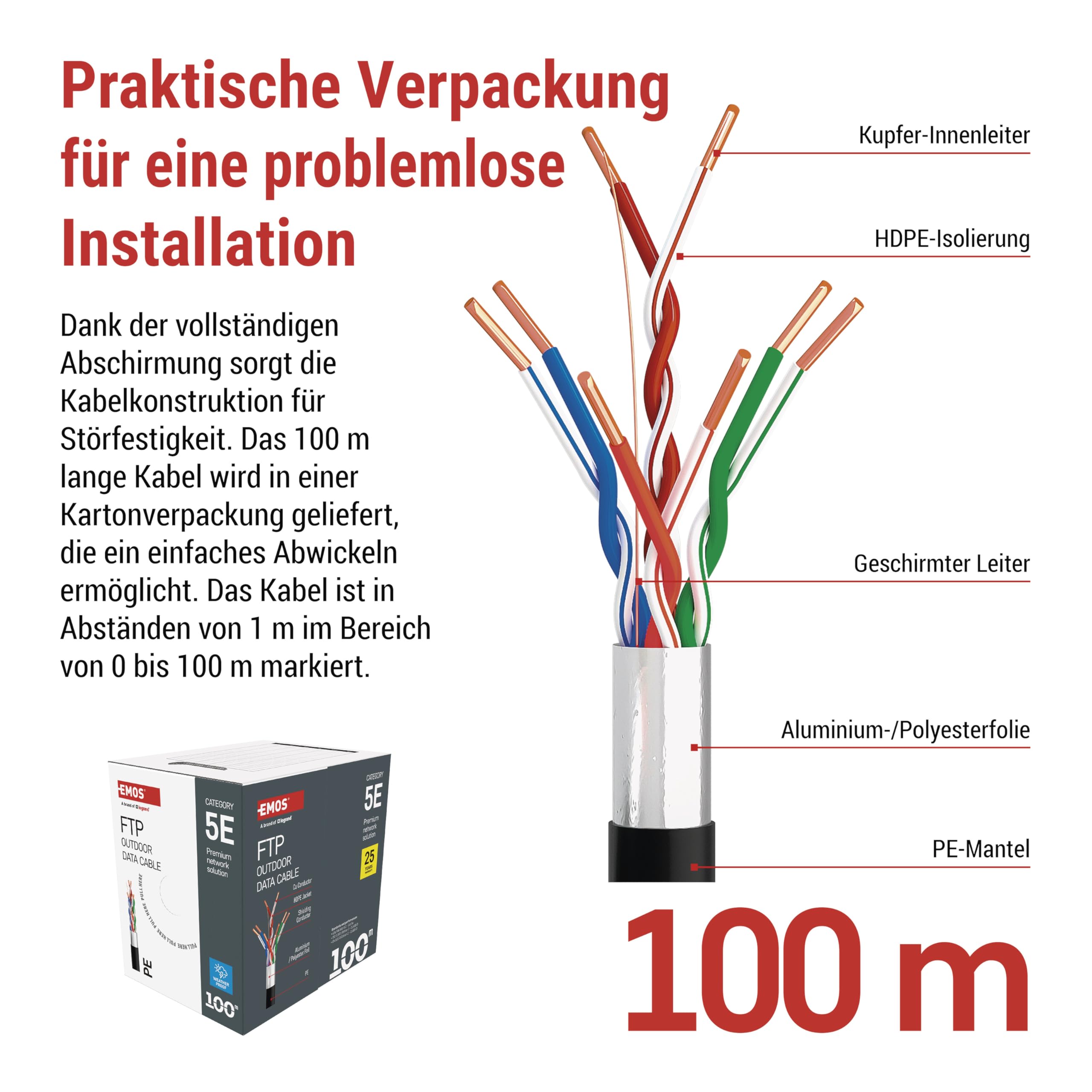 EMOS - Câble réseau FTP CAT 5e, 100 m, PE - Câble patch CAT5e FTP - Câble Gigabit LAN - Câble Ethernet blindé - Pour l'extérieur