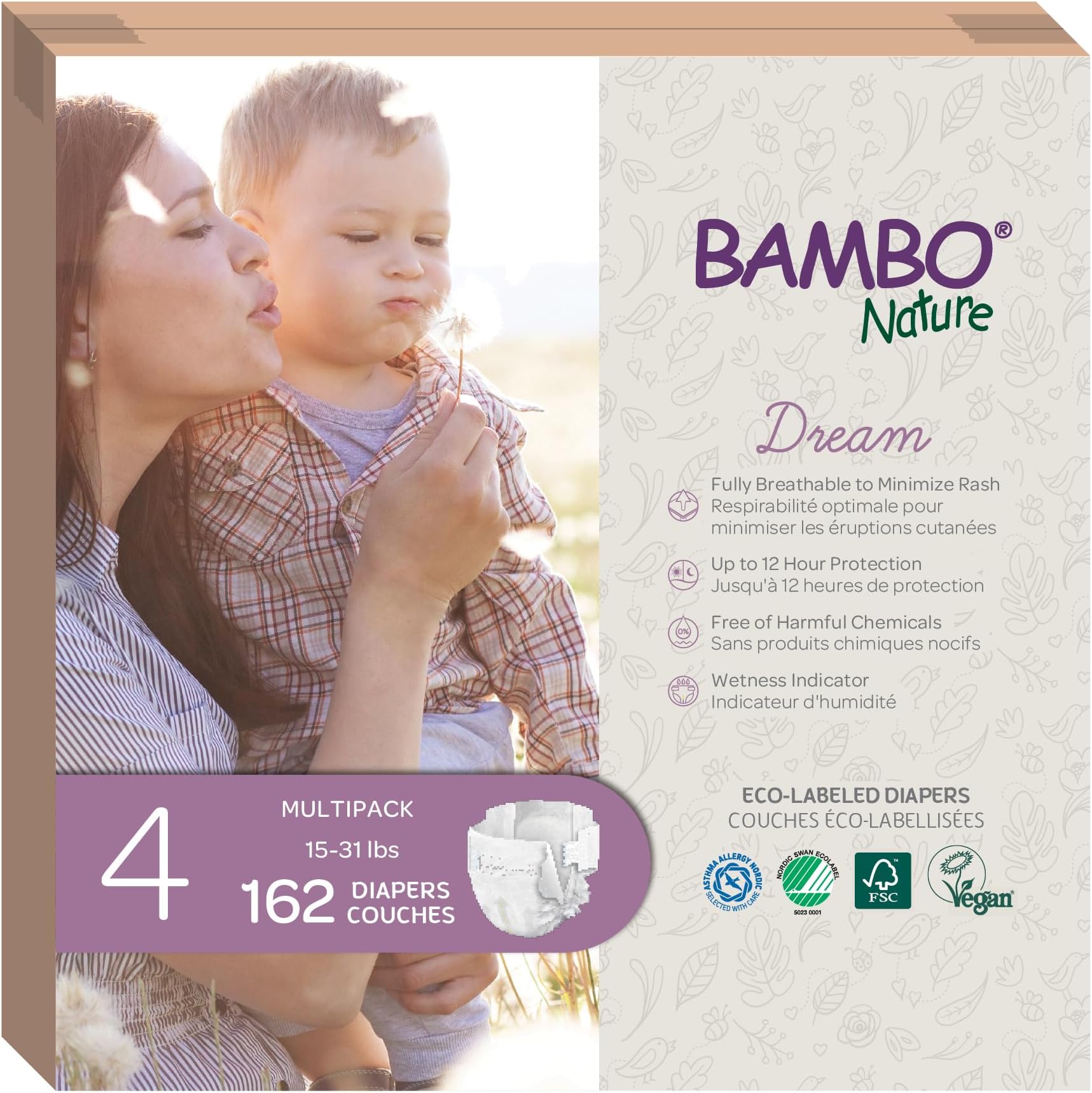 - Bambo Nature Hypoallergenic Baby Diapers, Eco-Labelled Sustainable Diapers, Enhanced Leakage Protection, Totally Chlorine-free, Skin Friendly, and Super Absorbent - Size 4 (162 Count)