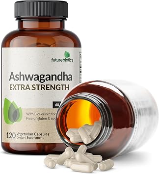 Futurebiotics Ashwagandha Extra Strength Stress & Mood Support 120 Capsules | Vegetarian, Non-GMO, Gluten-FREE, Soy-FREE, BioPerine for High Absorption
