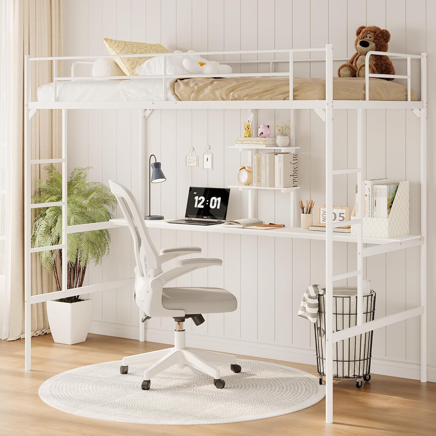 MOOITZ Twin Size Loft Bed with Desk, Multifunctional Metal Loft Bed Frame with Ladder and Full Guardrail, Space-Saving, Noise Free, Modern Industrial Style, (White, Twin Size Loft Bed with Desk)