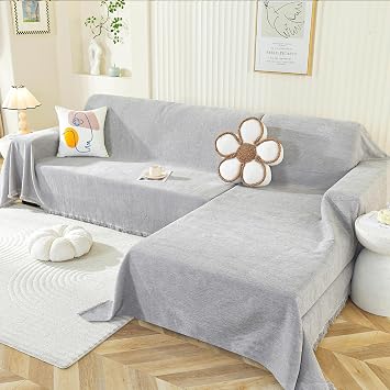 OstepDecor Sectional Couch Covers 2 Pieces, L Shaped Sofa Cover, Chenille Couch Cover for Dogs Washable, Couch Cover Blanket, Sofa Slipcover for 2-3 Cushion Couch 71"x118"+71"x118", Light Grey