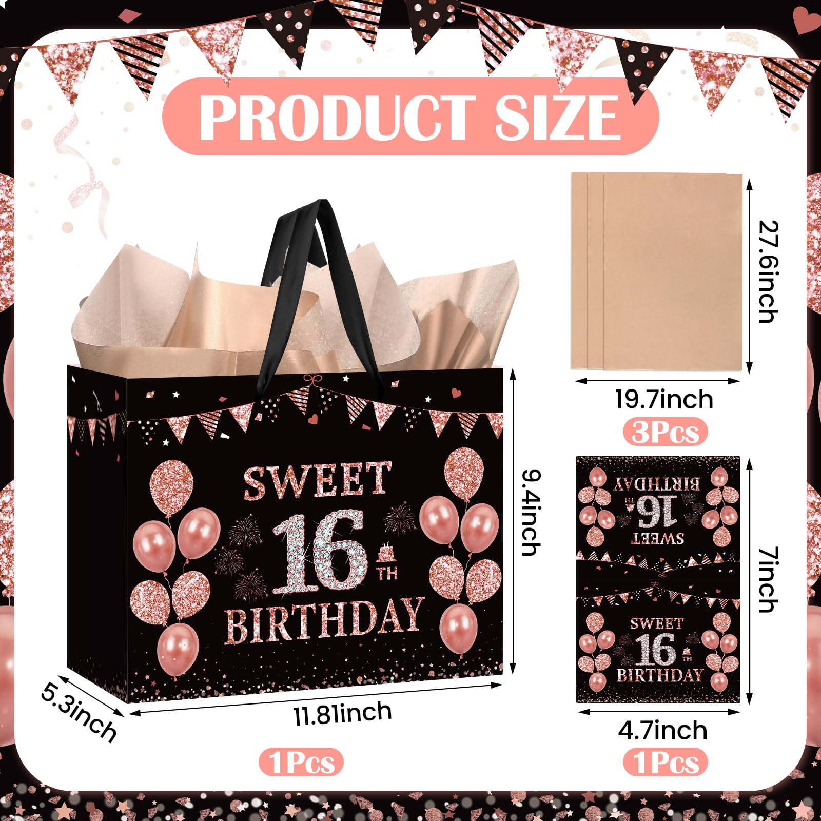 Geschenktüte Zum 16. Geburtstag In Roségold – Mit Karte & Geschenkpapier, Extra Groß
