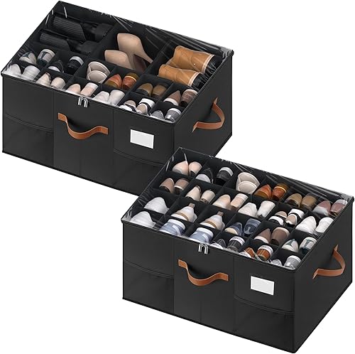 Organizador de zapatos para armario, paquete de 2 contenedores de almacenamiento de zapatos con divisores ajustables, cajas organizadoras de