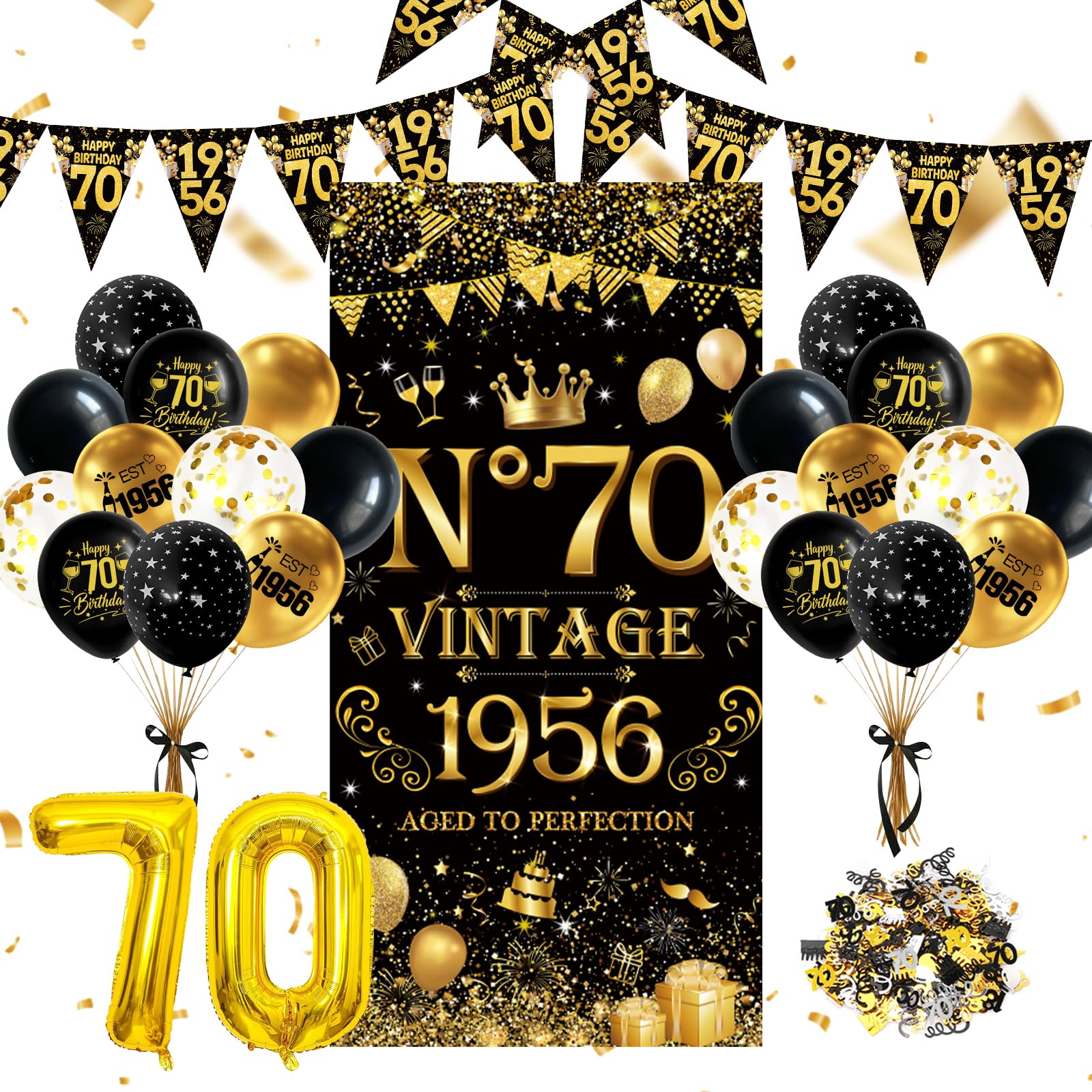 70th Birthday Decorations for Men Women, Vintage 1956 Black Gold Supplies