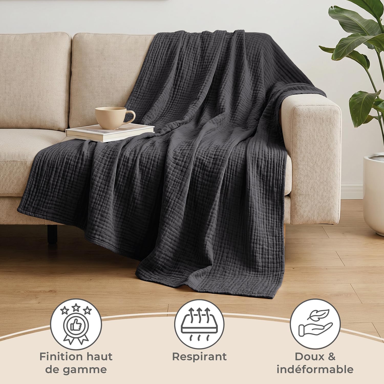 LAYNENBURG Premium Plaid canape Grande Taille en Mousseline 100% Coton – Couvre lit Respirant 4 Couches, Plaid Grande Taille, Jeté de canapé - Couverture légère 150x200 cm de Anthracite