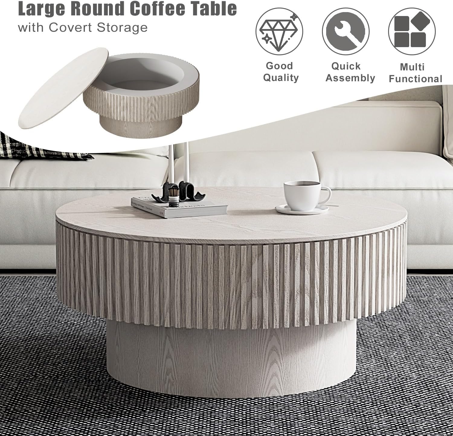 Round Coffee Table with Storage, Modern Wooden Coffee Table with Solid Wood Veneered, Circle Center Table Accent Tea Table for Living Room Small Space (31.5''L × 31.5''W × 14''H, Retro White)