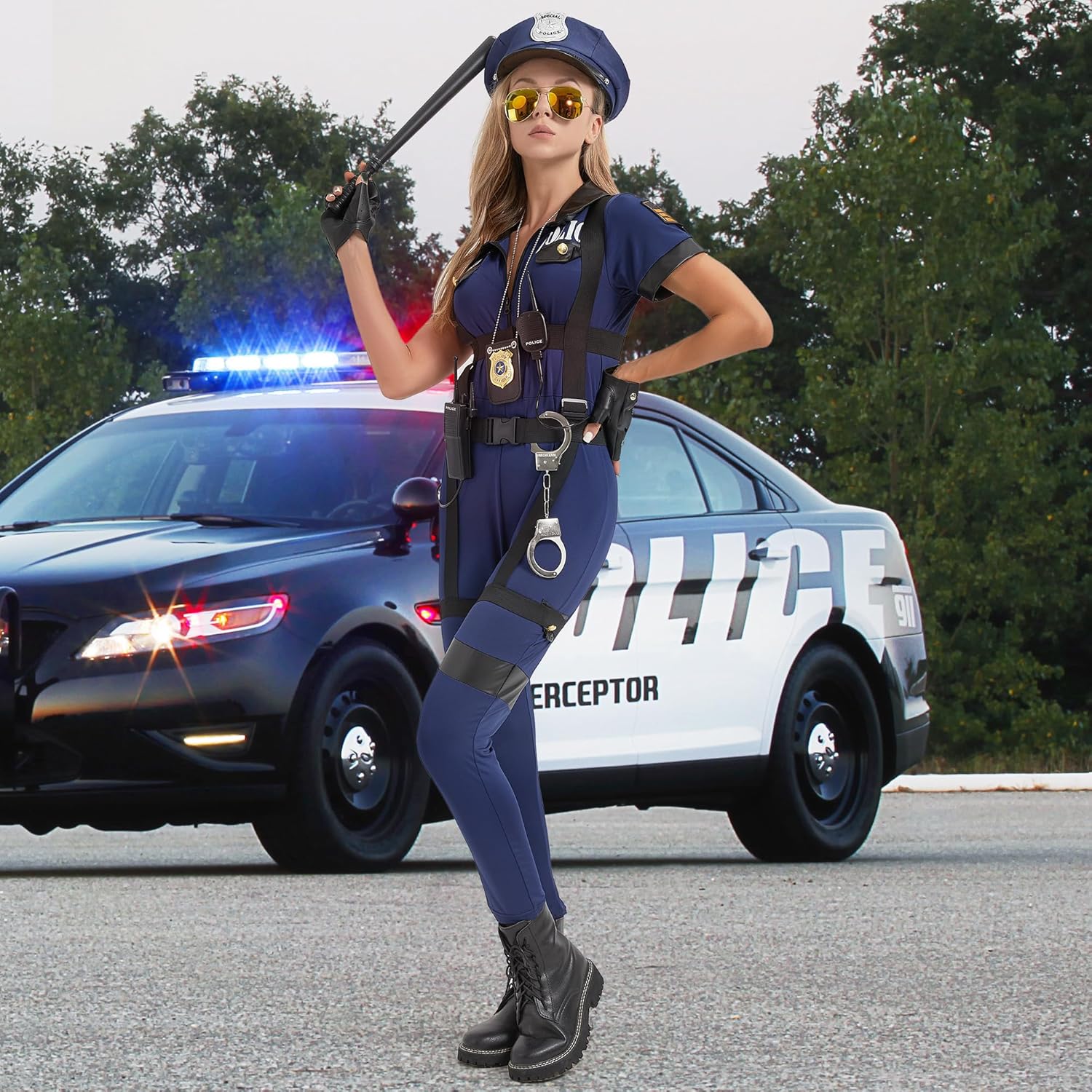 Women Police Costume Adult, 10 PCS Police Officer Uniform Cosplay Female Cop Outfit for Halloween
