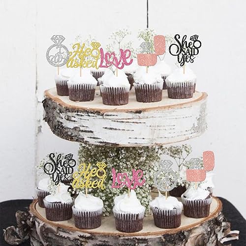 Miniatura 52 de 30 PCS He Asked She Said Yes Cupcake Toppers Love I Do Diamond Ring Cupcake Picks for Wedding Enaggement Bridal Shower Party Cake Decorations Black