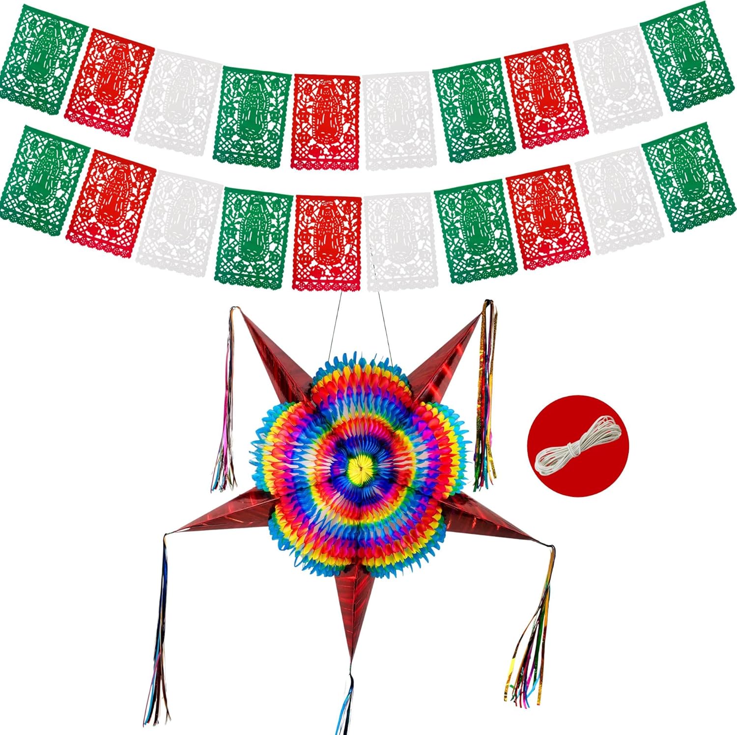 TexMex Fun Pack Bundle - XL Mexican Pinata (32") with Red Cones and Virgin of Guadalupe Party Banner 2-Pack