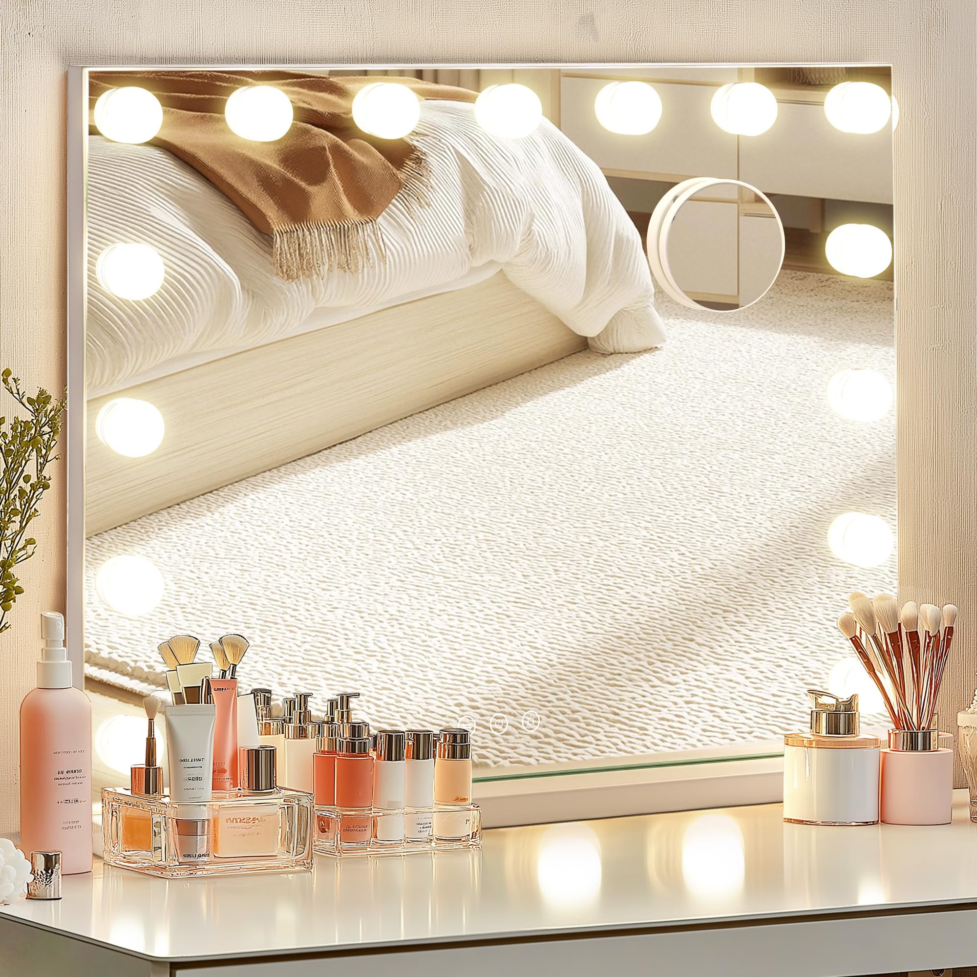SogesPower Specchio per trucco luminoso Hollywood, posa libera/parete | 3 toni (3000K/4500K/6500K) | USB + memoria | specchio 4 mm senza rame | lente 5X | supporto ferro 10kg