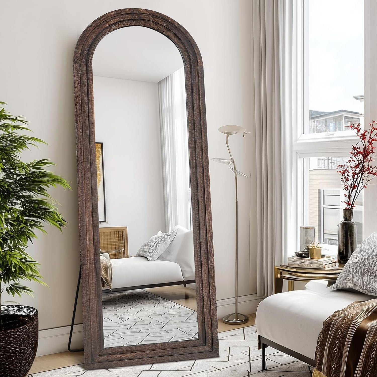 65"x22" Arched Floor Mirror, Solid Wood Full Length Mirror - Free Standing & Wall Mounted - Elegant Design for Bedroom, Dressing Room, Hallway, Brown - Image 5