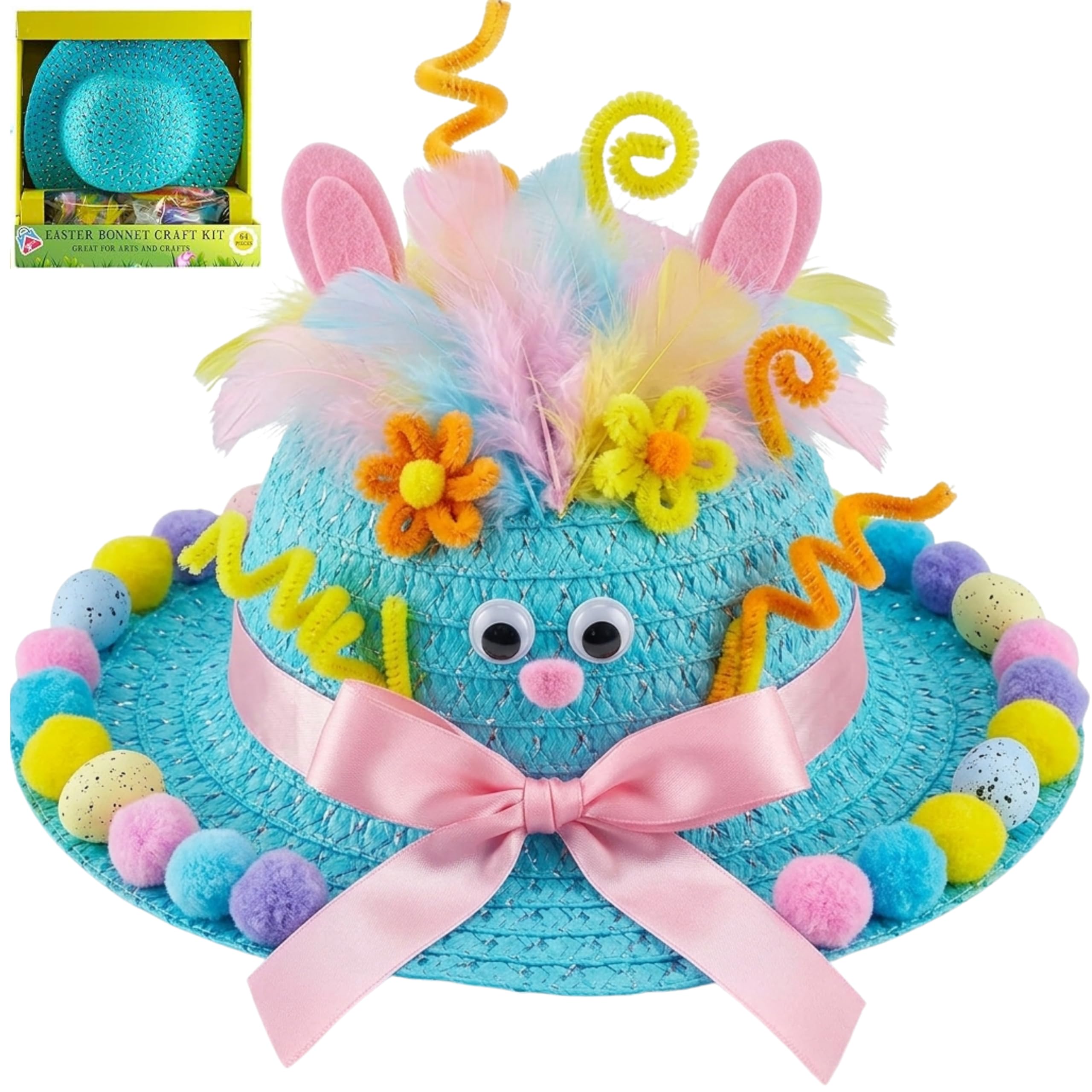 HOVUK All in one Blue Easter Bonnet Craft Kit Mega Pack for Kids | Easter Holidays Fun Competition | Includes Ribbon, Foam Eggs, Eyes, Pom Poms, Grass- 64Pcs