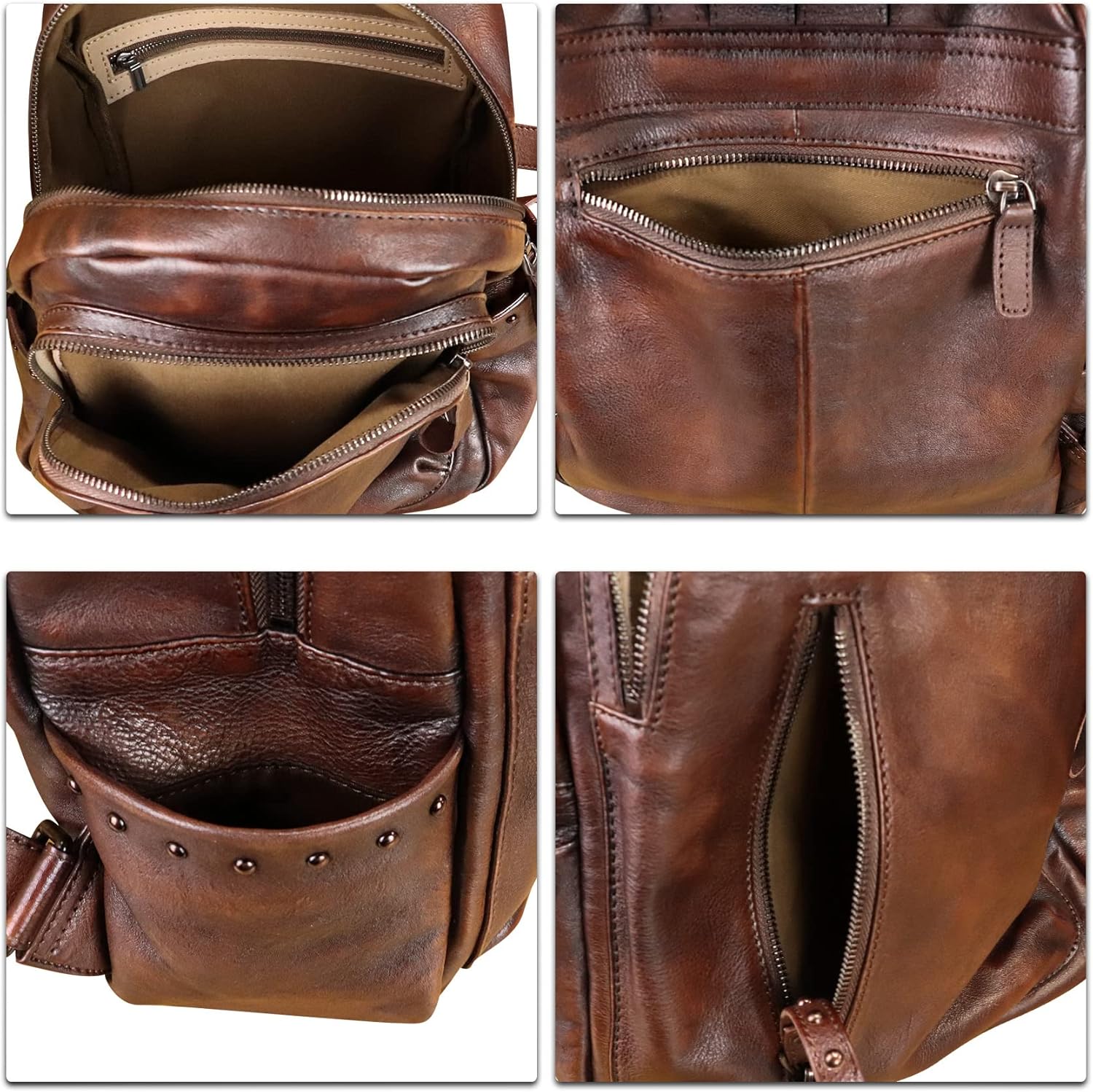 Genuine Leather Backpack Purse for Women Vintage Casual Daypack College Bag Handmade Cowhide Western Rivets Rucksack (Coffee) - Image 7